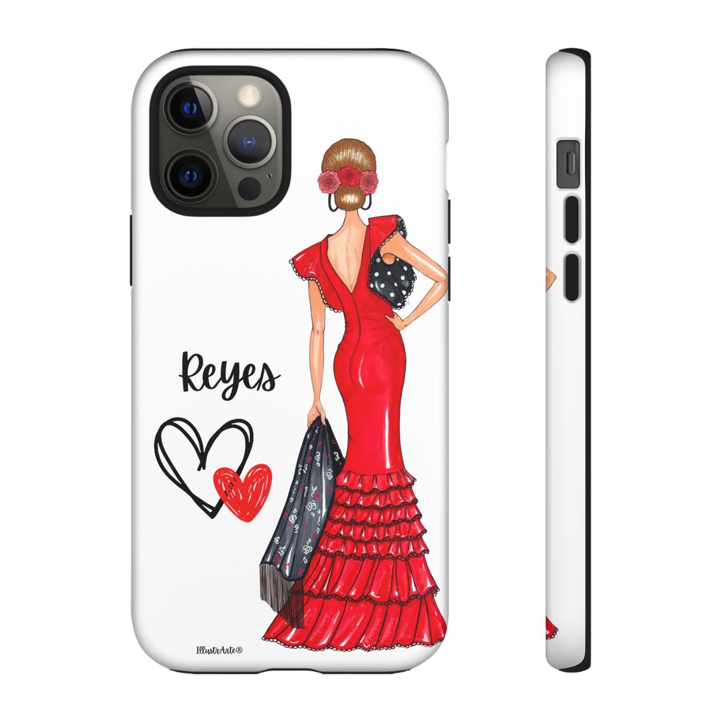 una funda de teléfono con una mujer en un vestido rojo