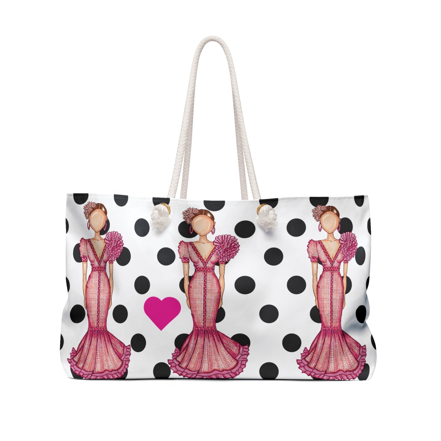 a polka dot bag with a woman's image on it