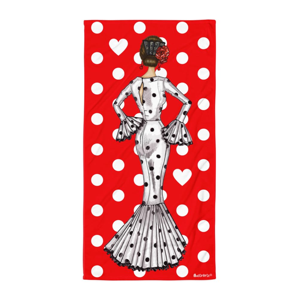 Toalla de playa flamenca illustrArte 80 x 155 cm – diseño María Blanco, fondo rojo