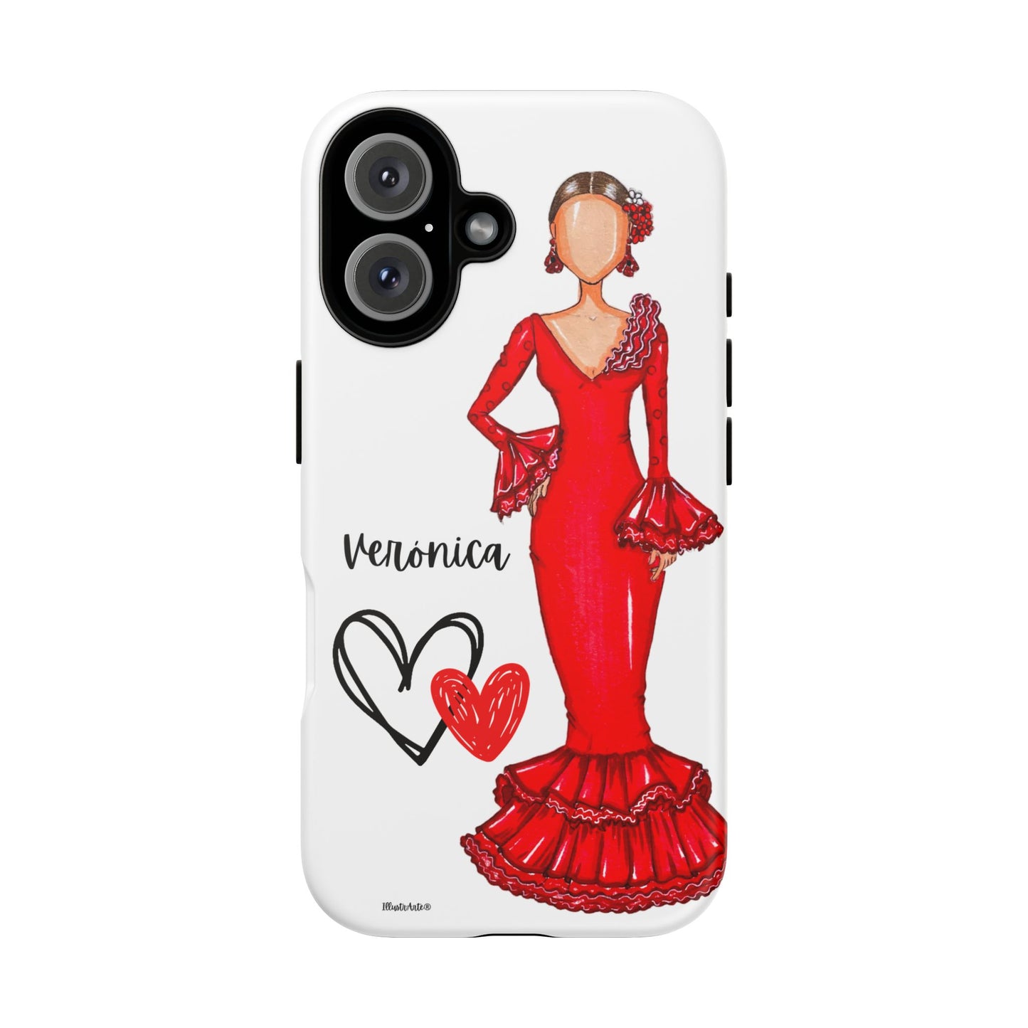 una funda de teléfono con un dibujo de una mujer en un vestido rojo