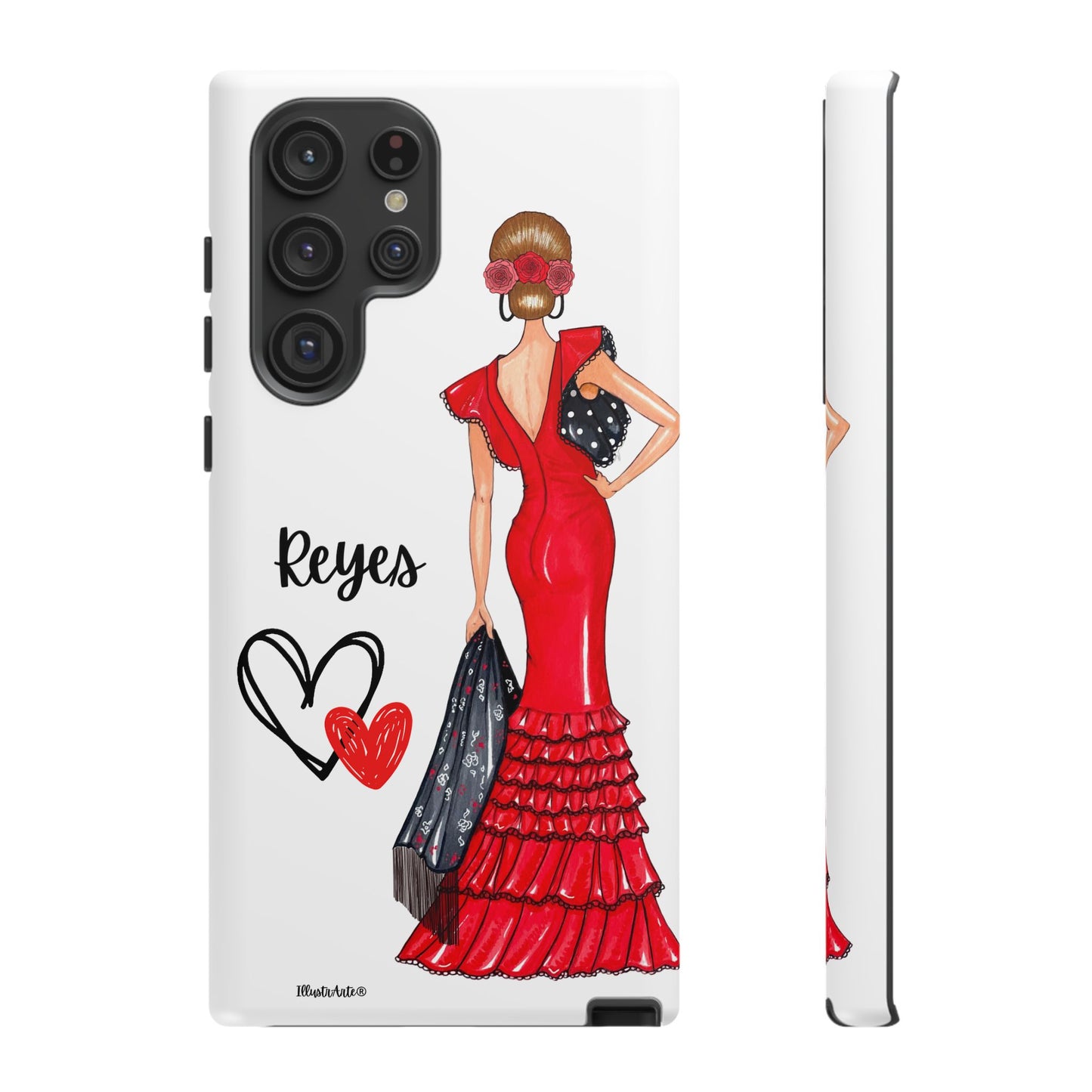 una funda de teléfono con una mujer en un vestido rojo