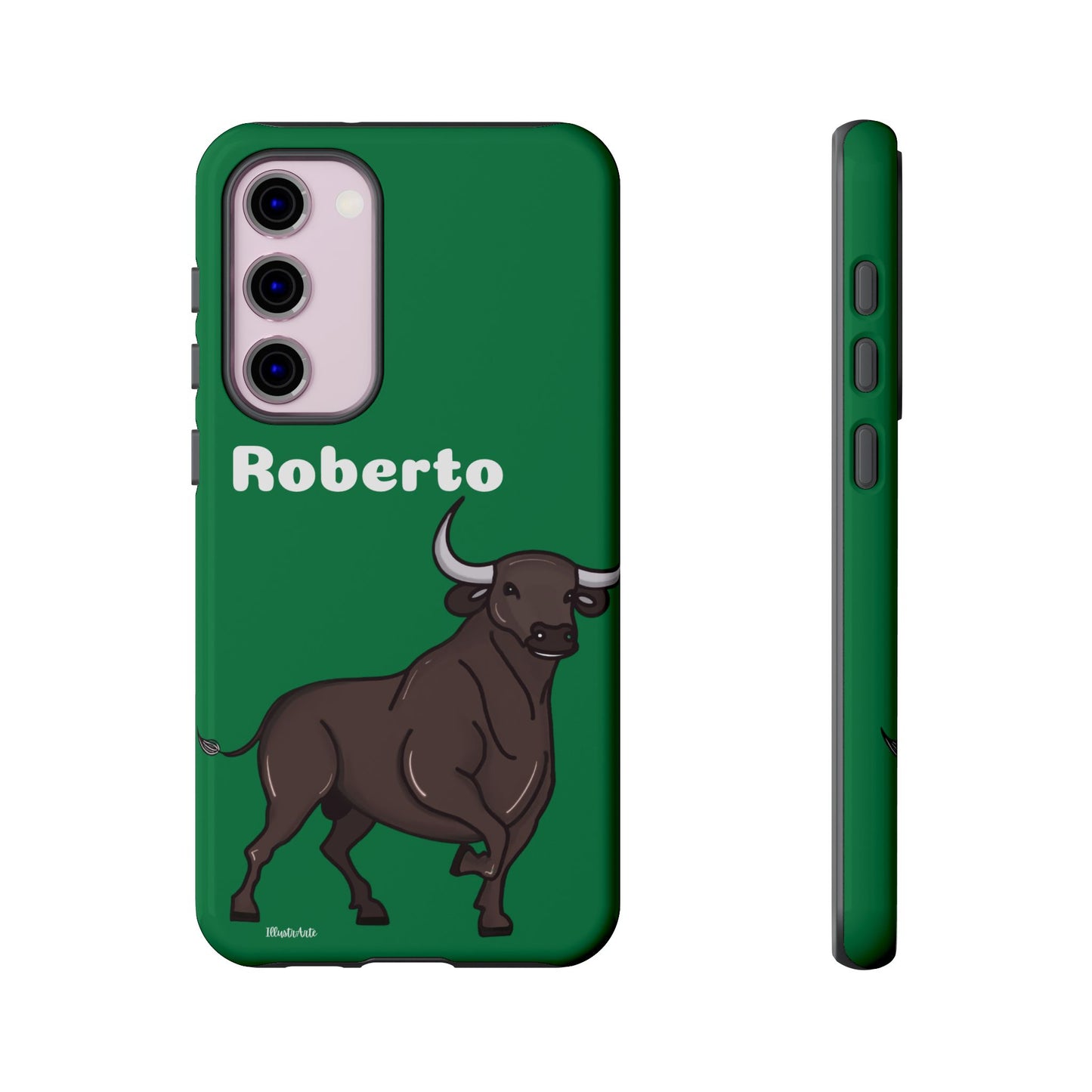 una funda de teléfono verde con un toro en ella