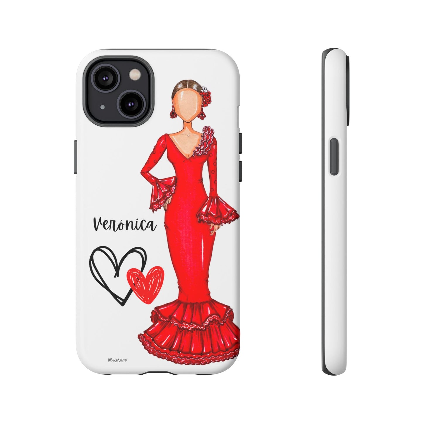 una funda de teléfono con un dibujo de una mujer en un vestido rojo