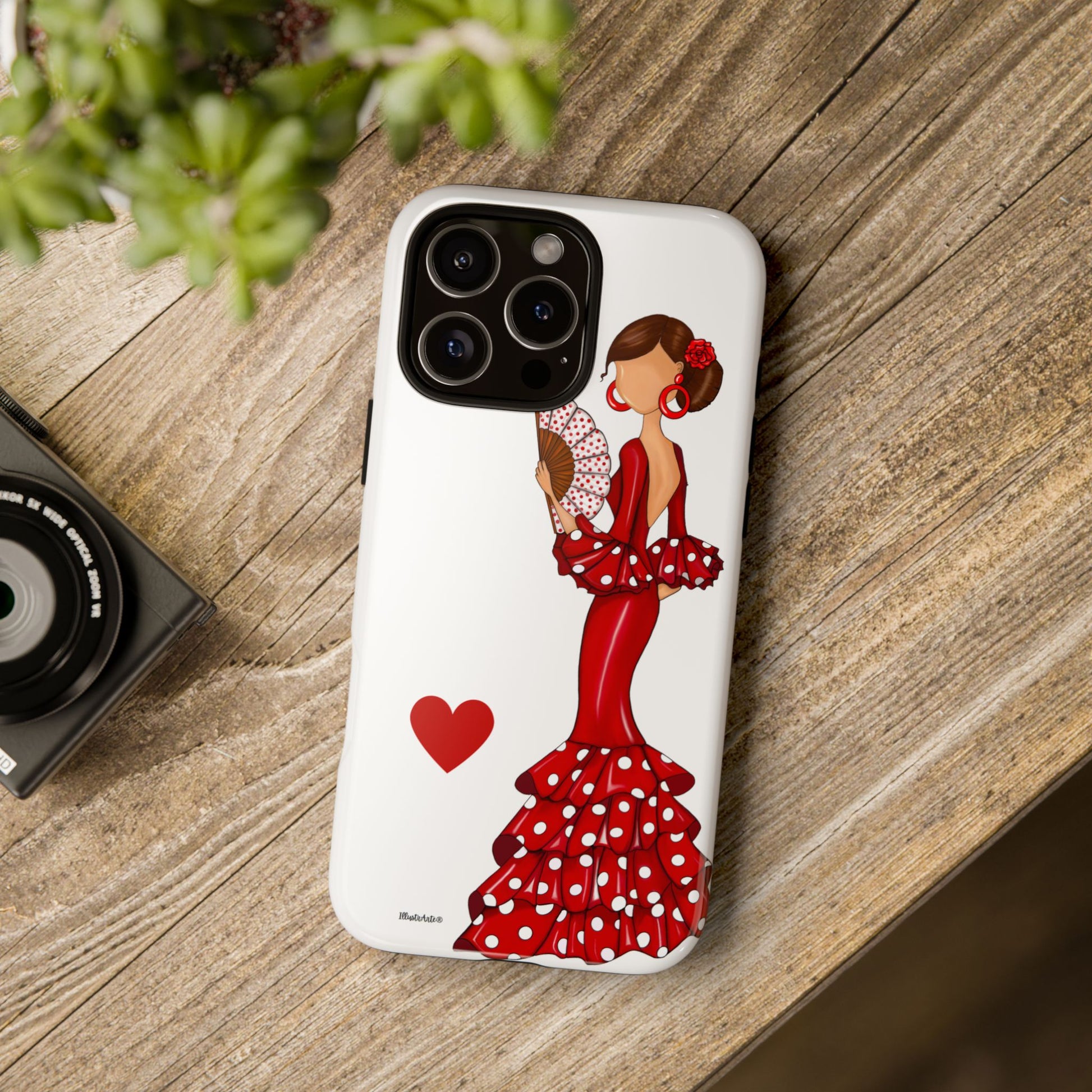 una funda de teléfono con una dama en un vestido rojo