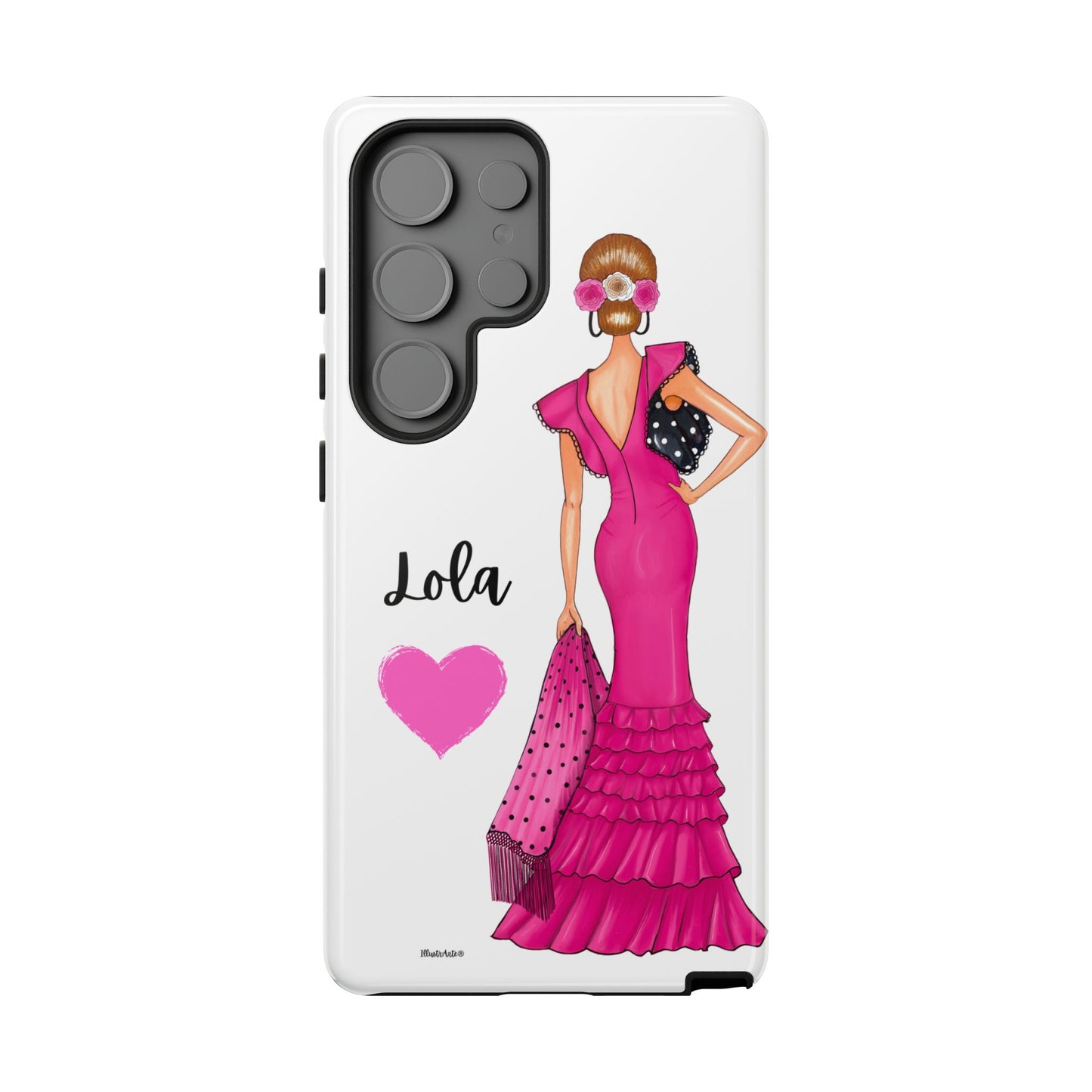 Funda de teléfono personalizable con nombre/bandera/Virgen - Modelo Manuela vestido rosa convirtiéndose en un clásico.