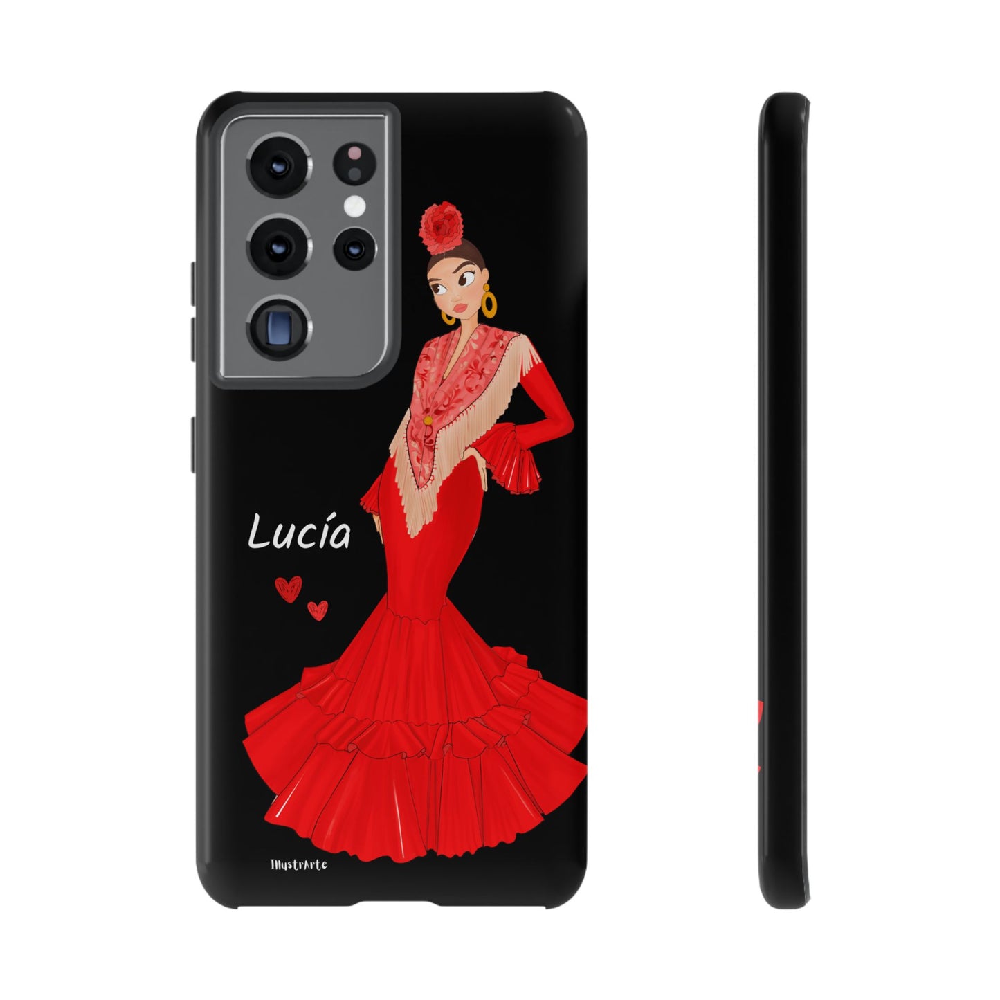 una funda de teléfono con una imagen de una mujer en un vestido rojo