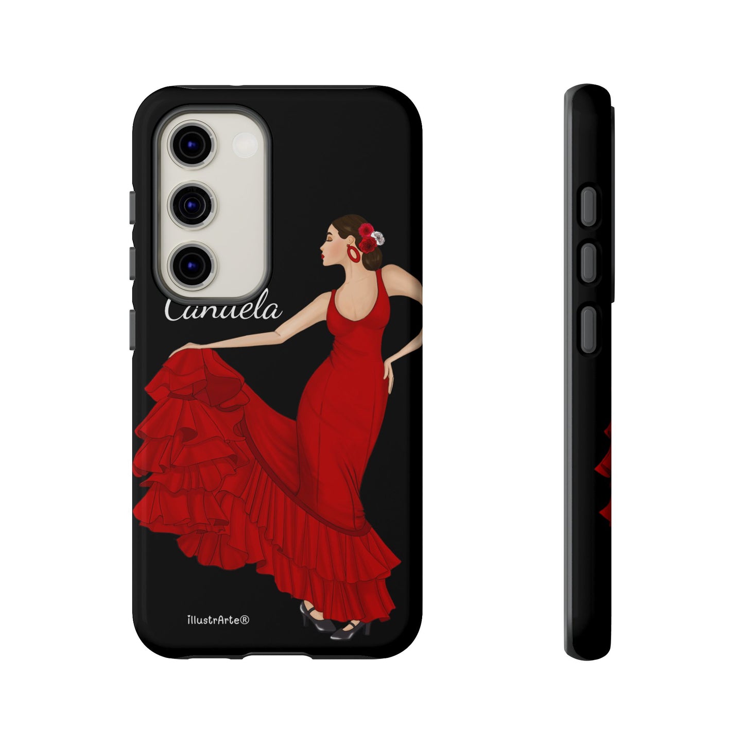 Capa de telefone personalizável. Modelo Candela com fundo preto. Para iPhone, Samsung Galaxy S e Google Pixel. 