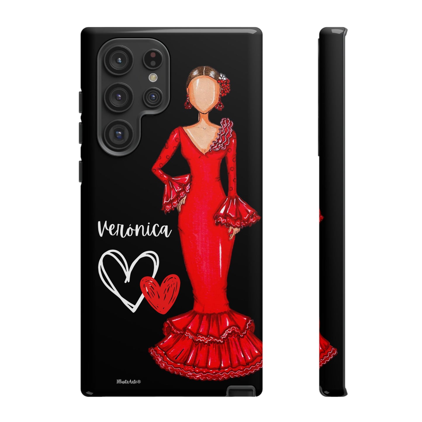 una funda de teléfono con una imagen de una mujer con un vestido rojo