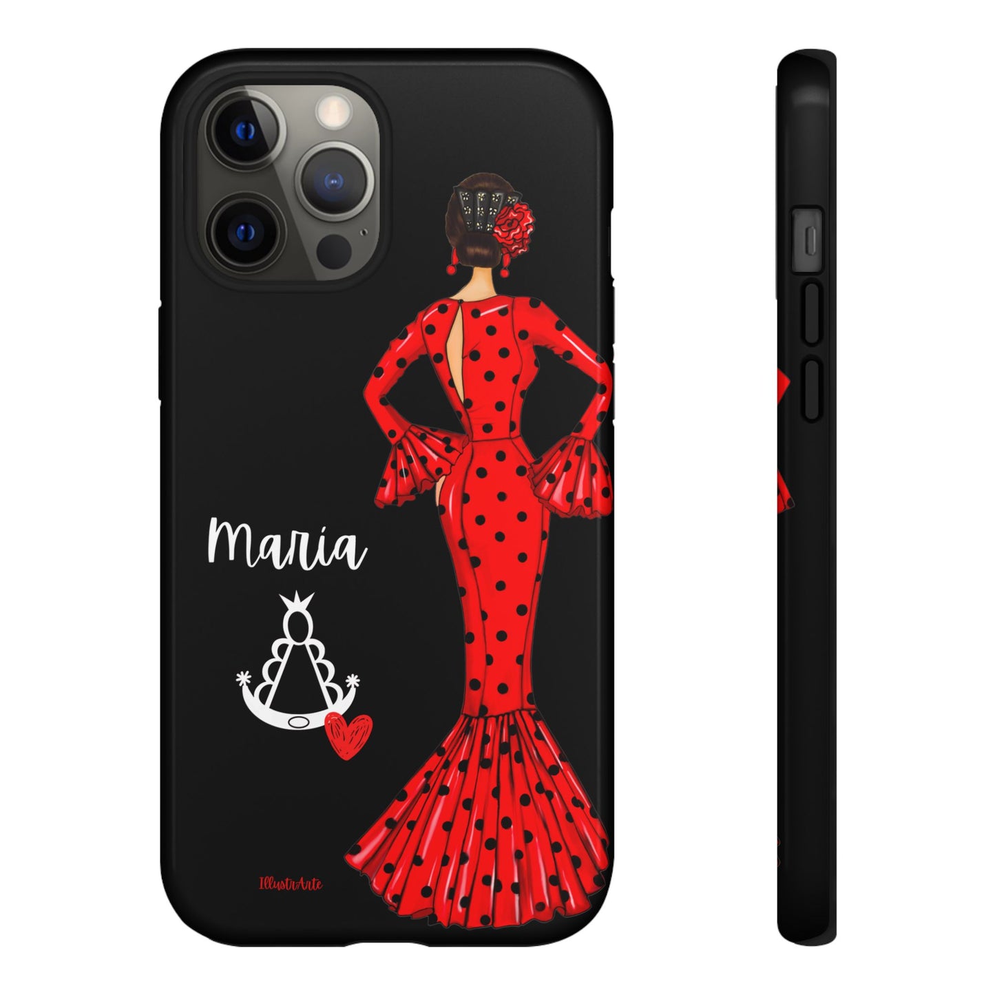 una funda de teléfono con una mujer en un vestido rojo