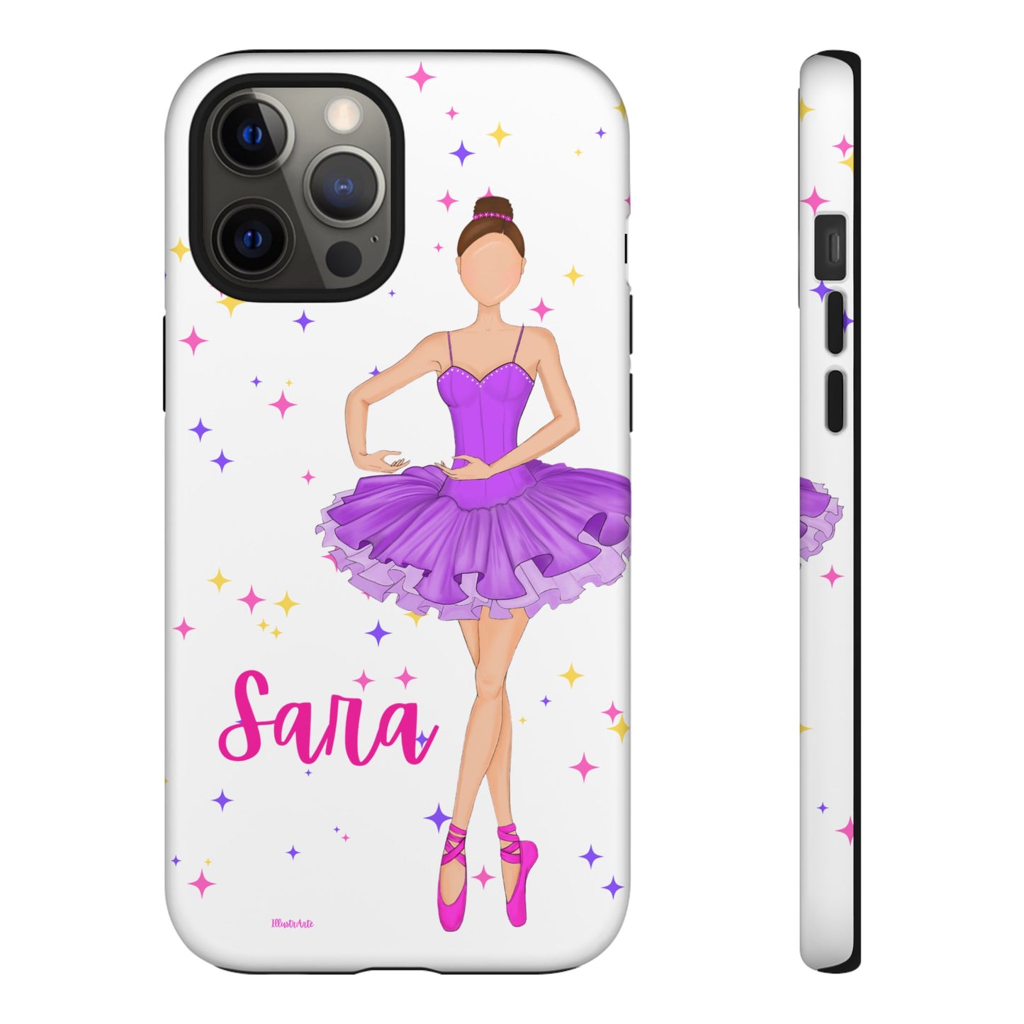 una funda de teléfono con una bailarina púrpura en ella