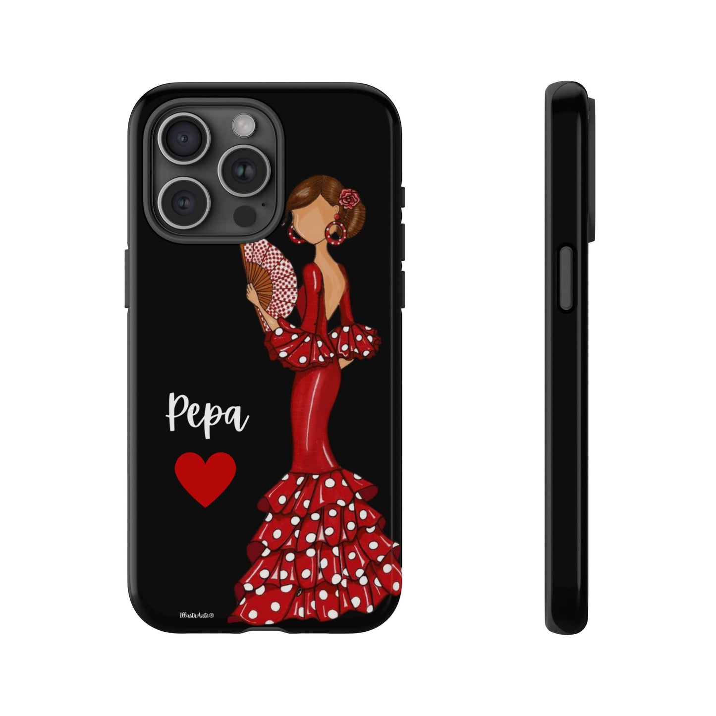 una funda de teléfono con una mujer en un vestido rojo