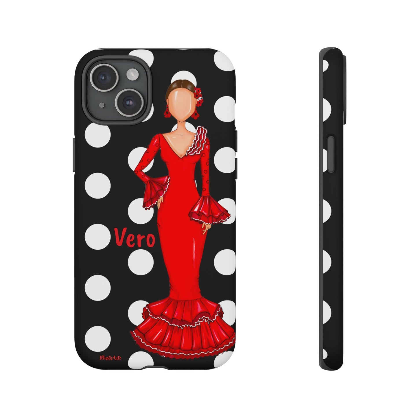 una funda de celular con una mujer en un vestido rojo