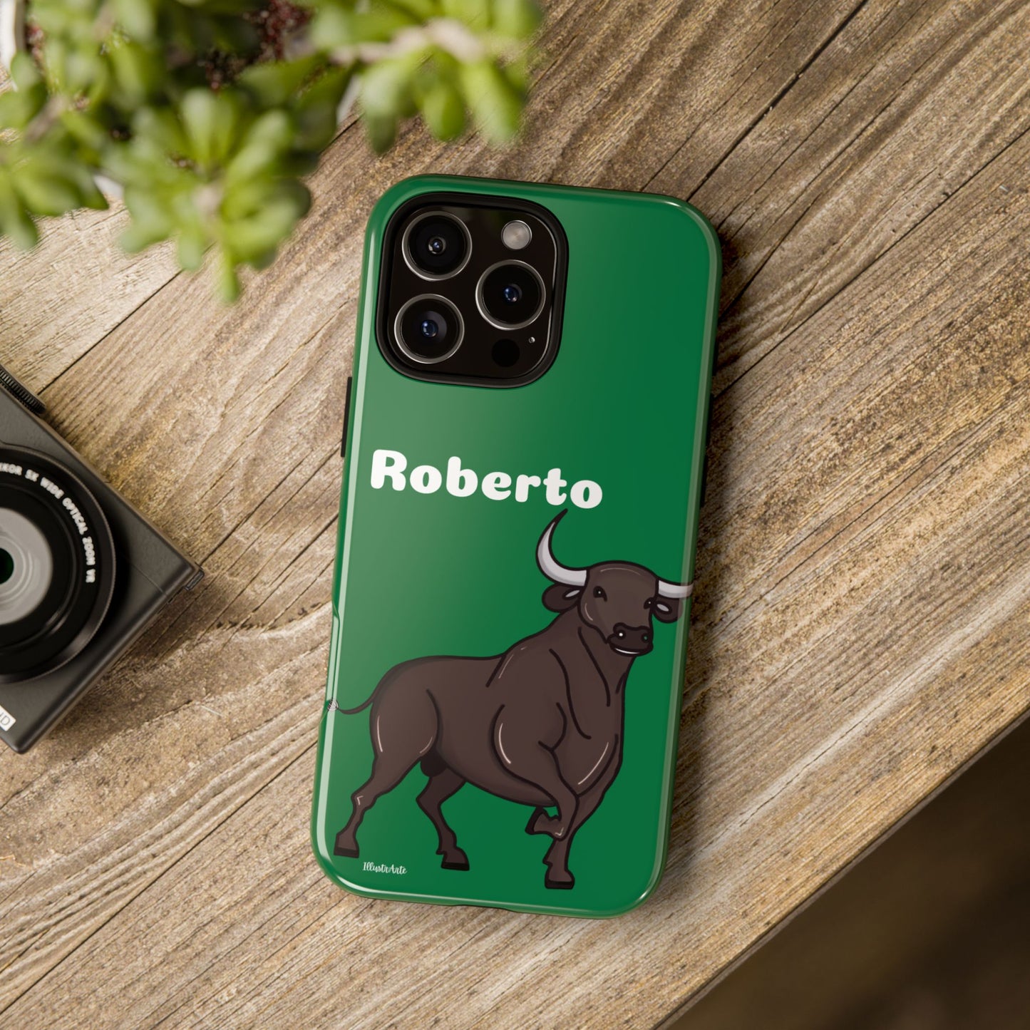 Funda de teléfono personalizable con nombre/bandera/Virgen - Modelo Toro Roberto sobre fondo verde Para iPhone, Samsung Y Google Pixel