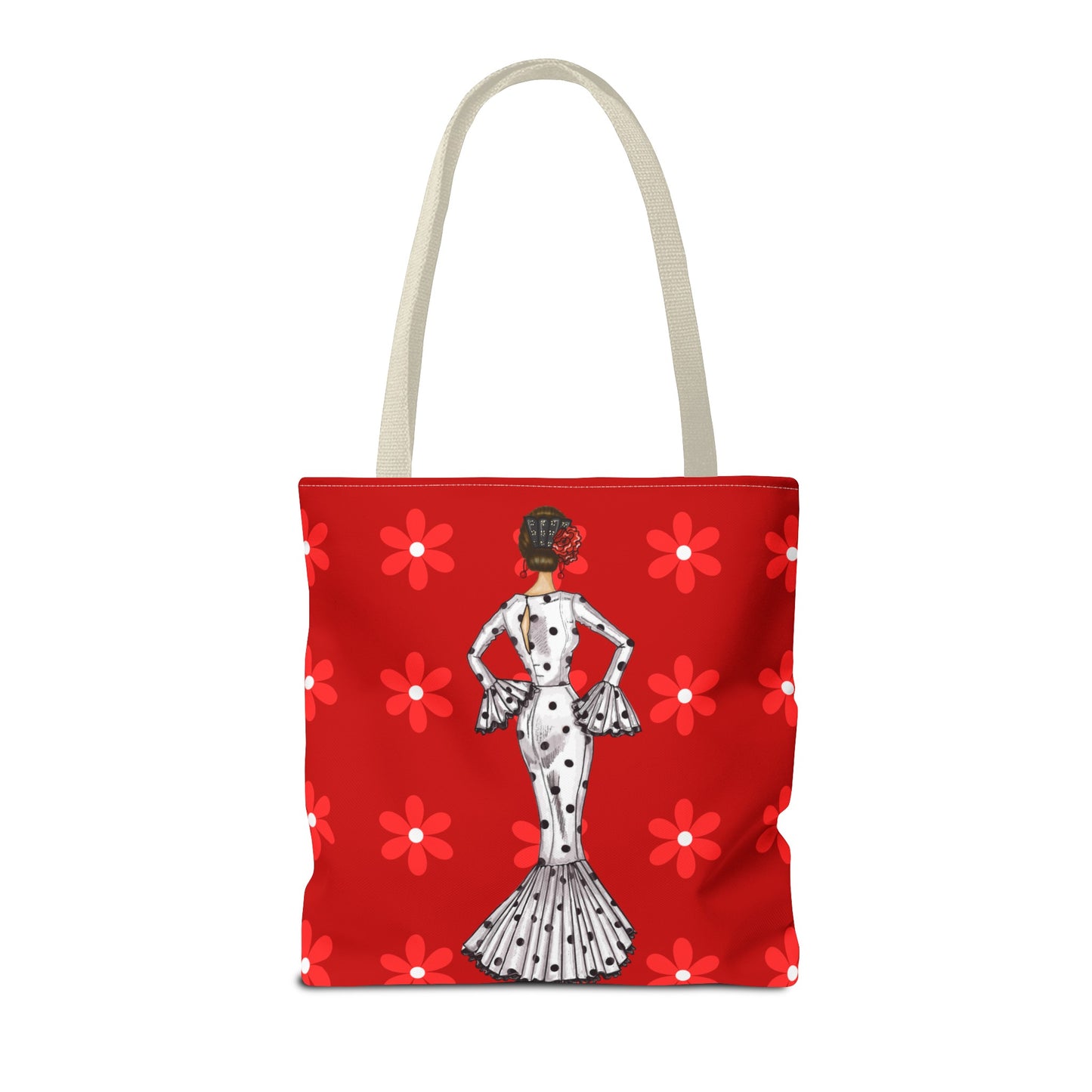 a red tote bag with a picture of a woman on it