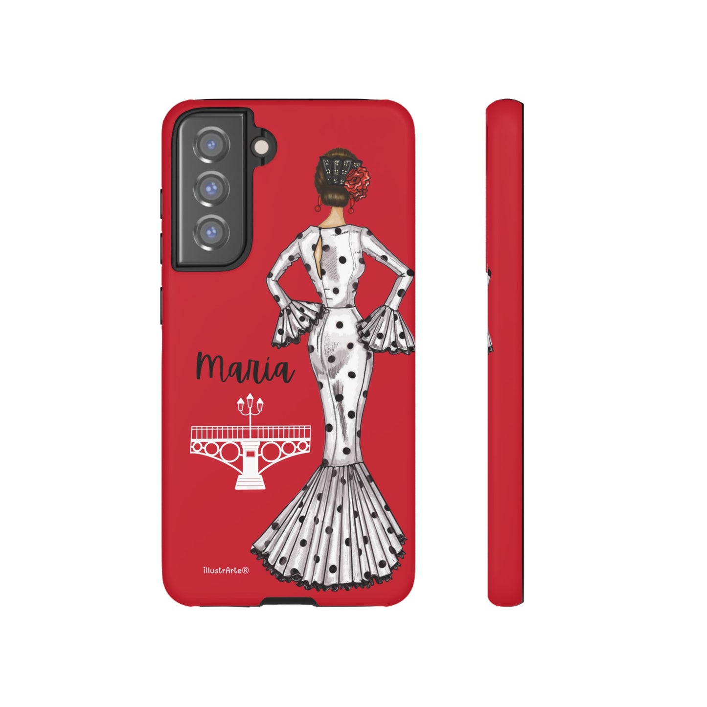 Fondo claro mostrando la funda de teléfono personalizable, diseño de flamenca María, perfecta para iPhone.