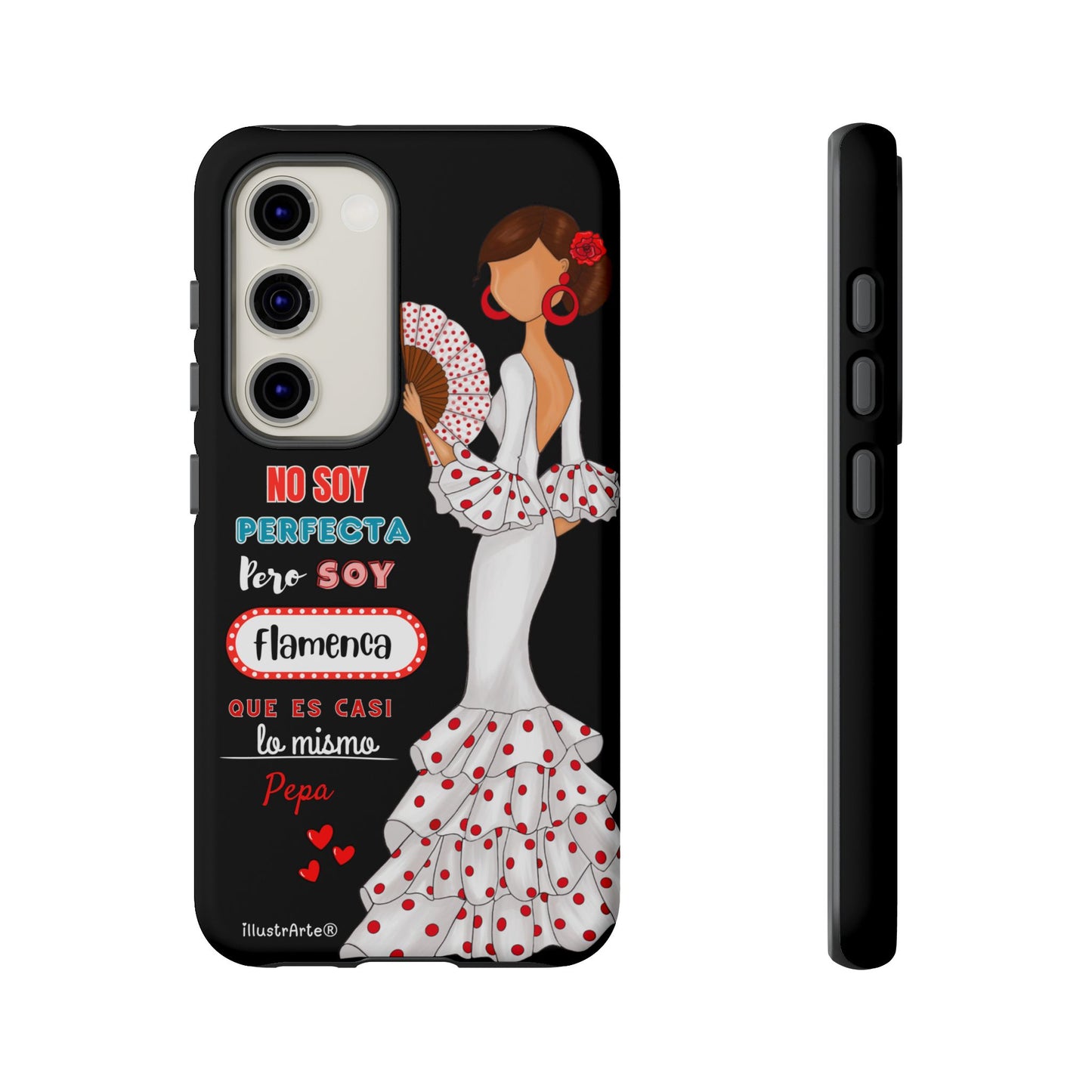 Funda de teléfono personalizable Pepa vestido blanco con frase – para iPhone, Samsung, Pixel