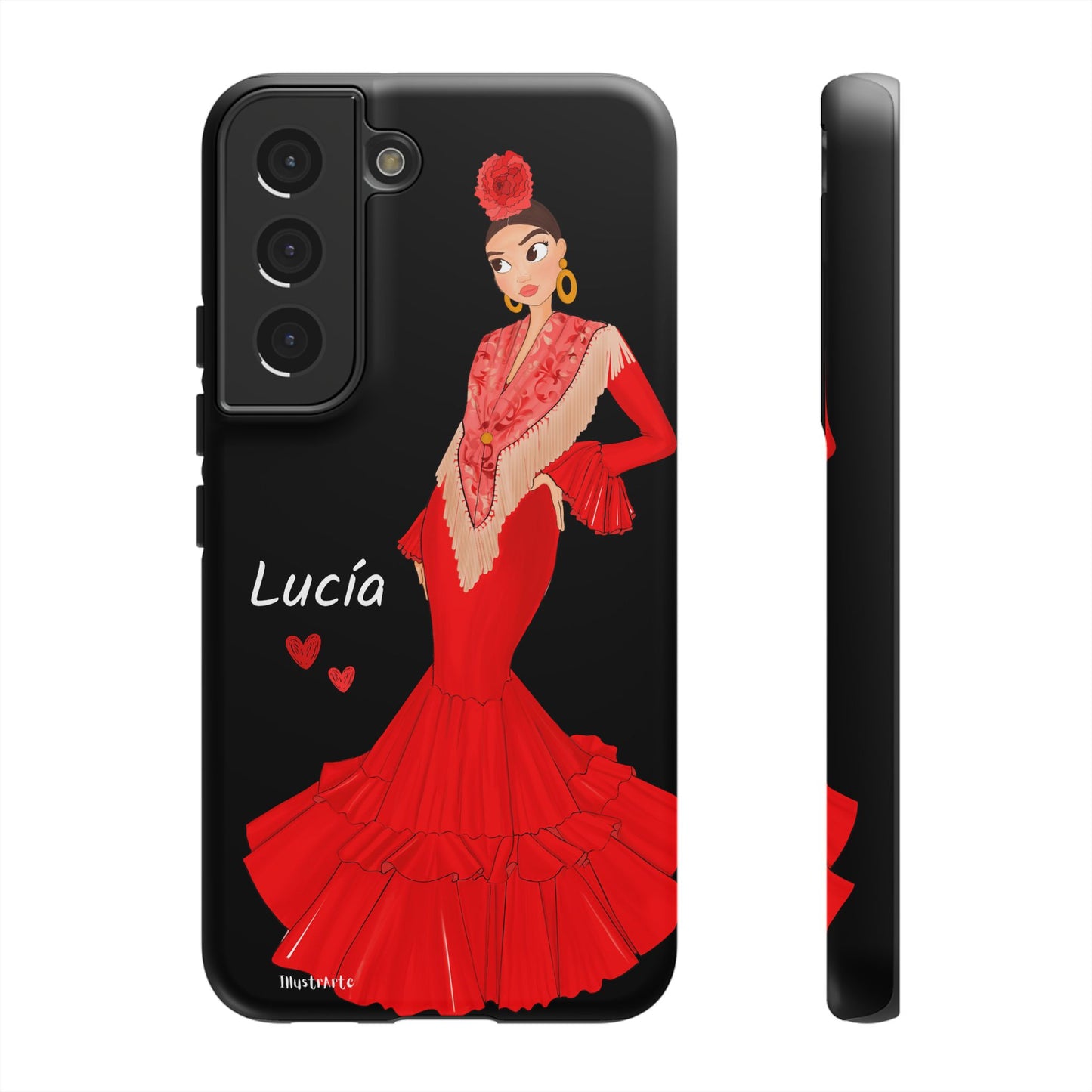 una funda de teléfono con una mujer en un vestido rojo