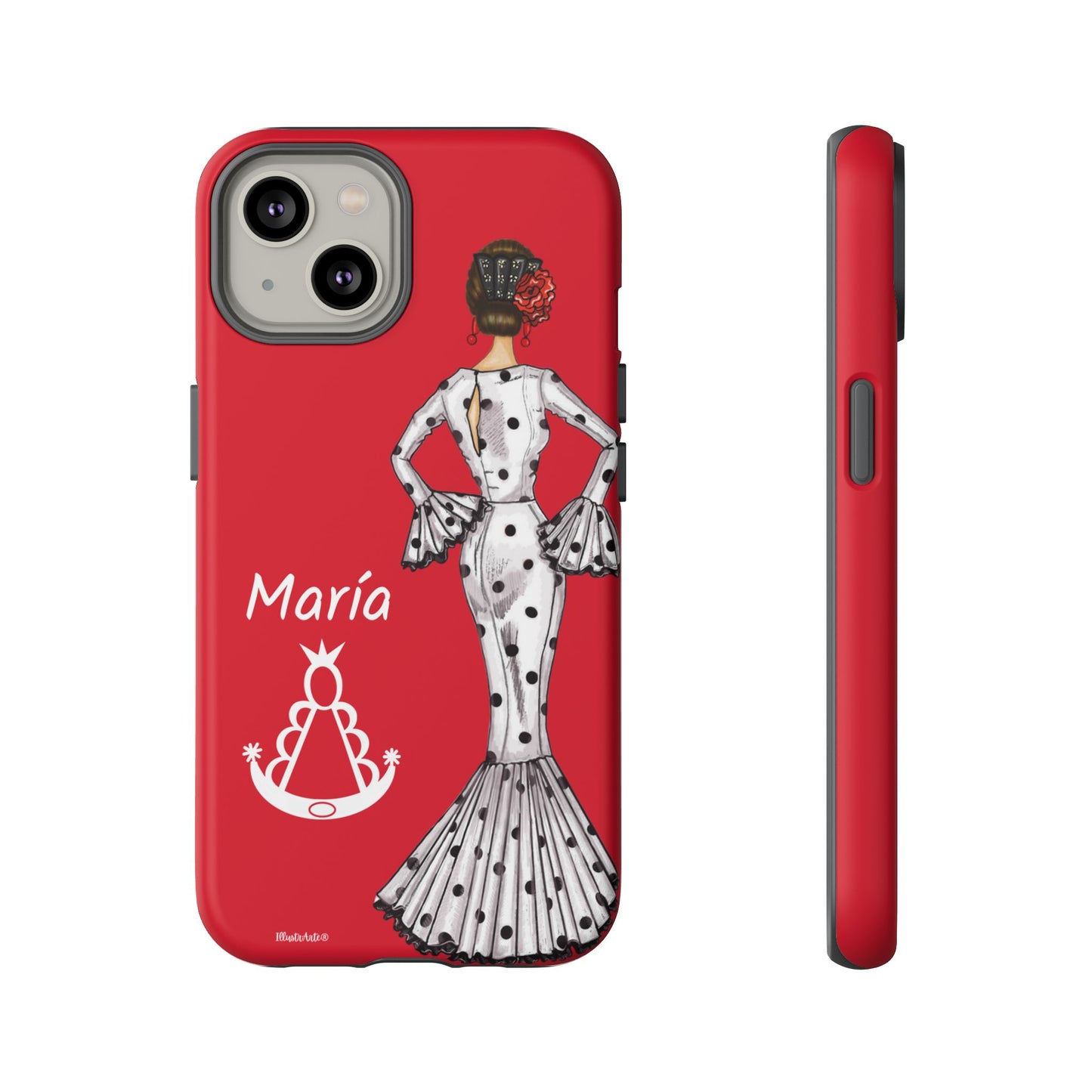 una funda de teléfono roja con una imagen de una mujer en un vestido