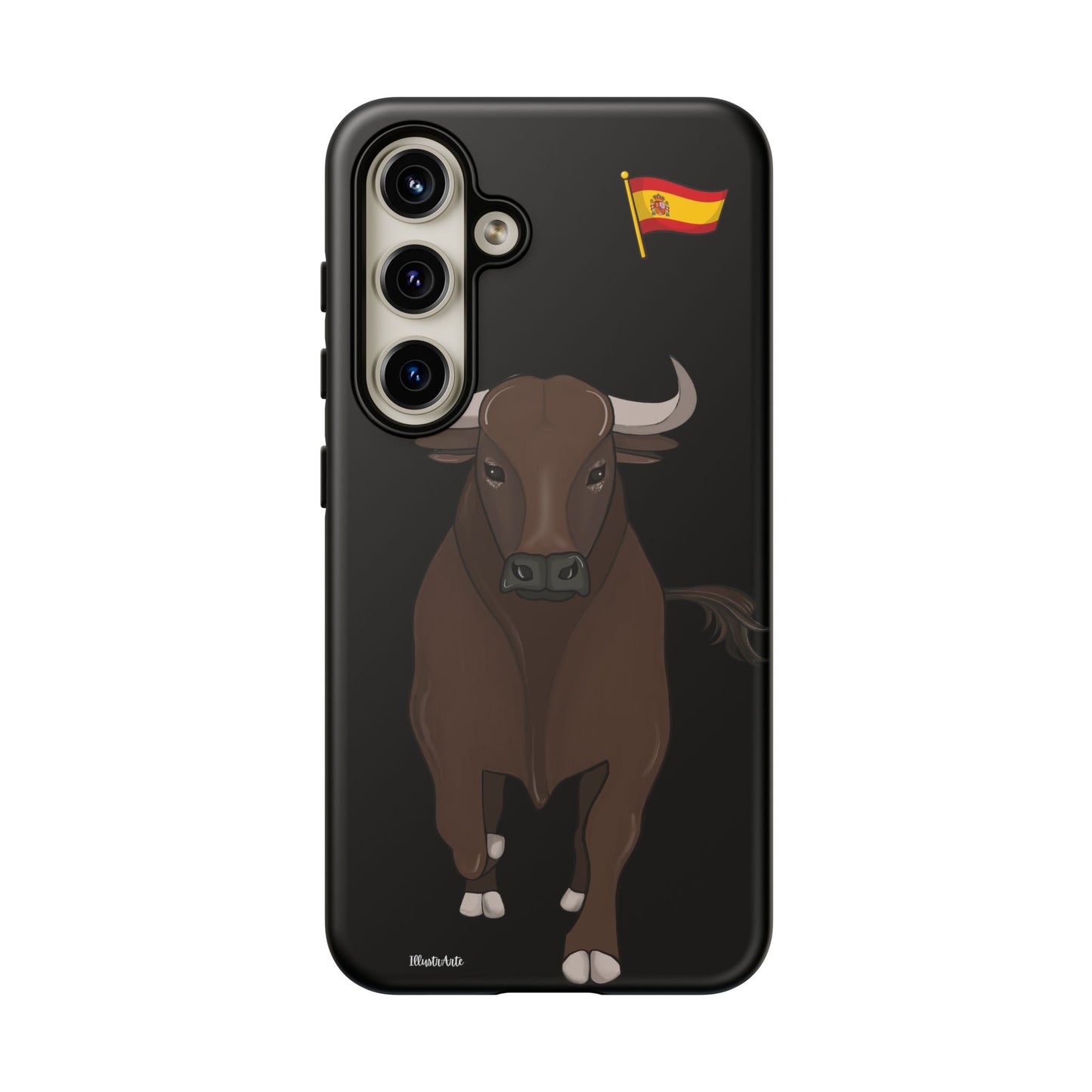 Funda de teléfono con diseño modelo toro Manuel, mostrando detalles artísticos.