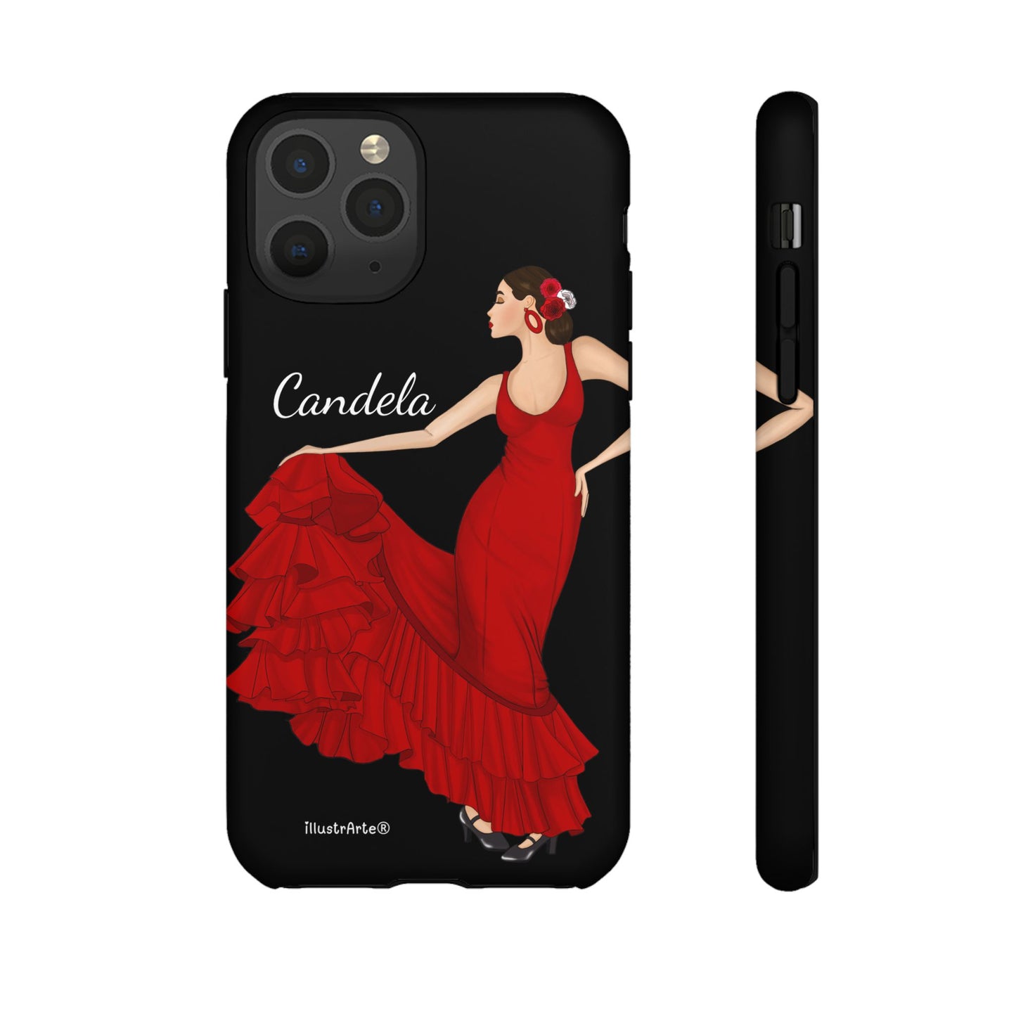 Capa de telefone personalizável. Modelo Candela com fundo preto. Para iPhone, Samsung Galaxy S e Google Pixel. 