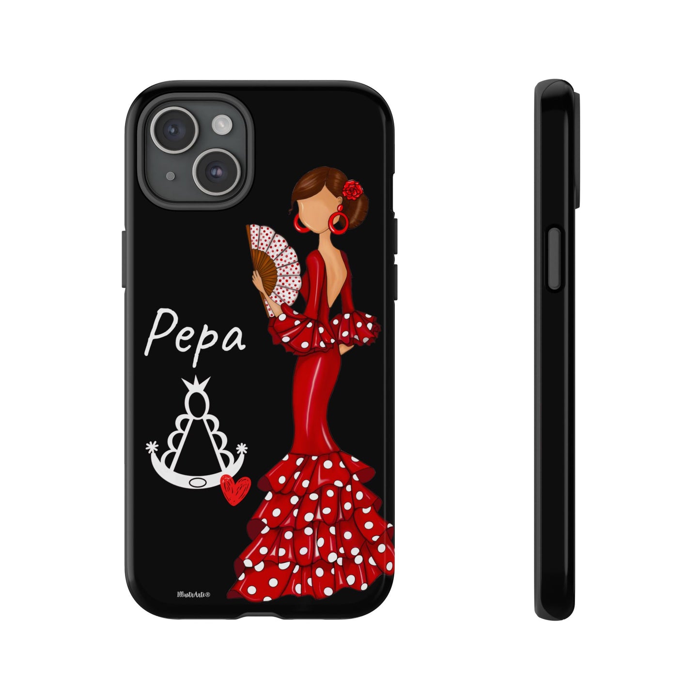 una funda de teléfono con una mujer en un vestido rojo