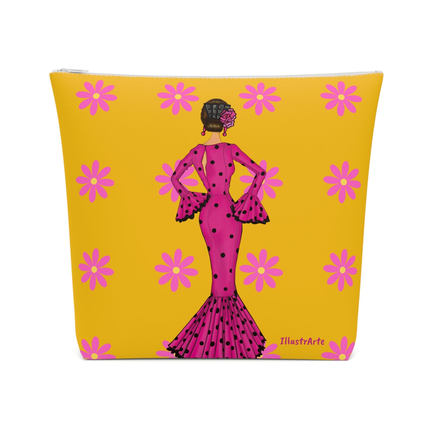 a yellow and pink purse with a picture of a woman in a pink dress