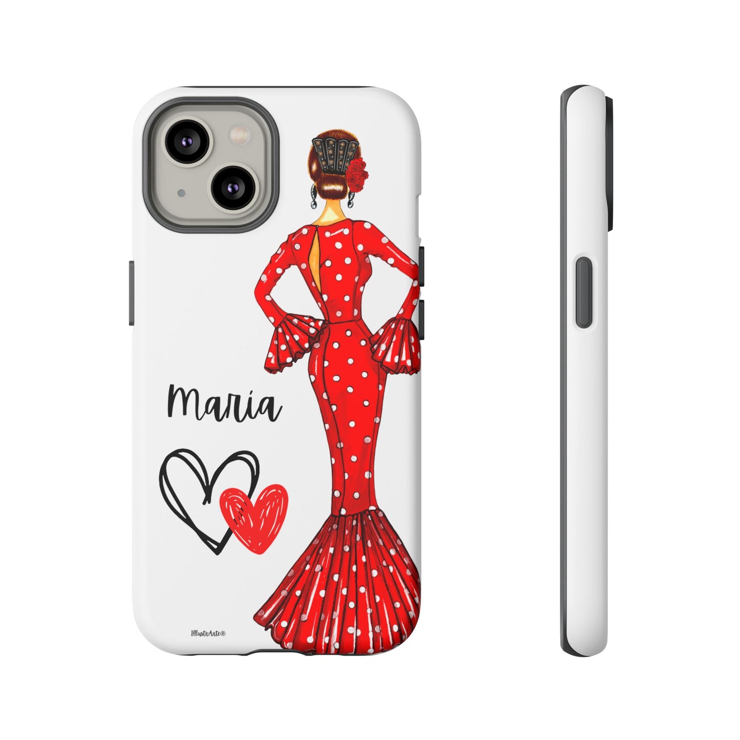 una funda de teléfono con una mujer en un vestido rojo