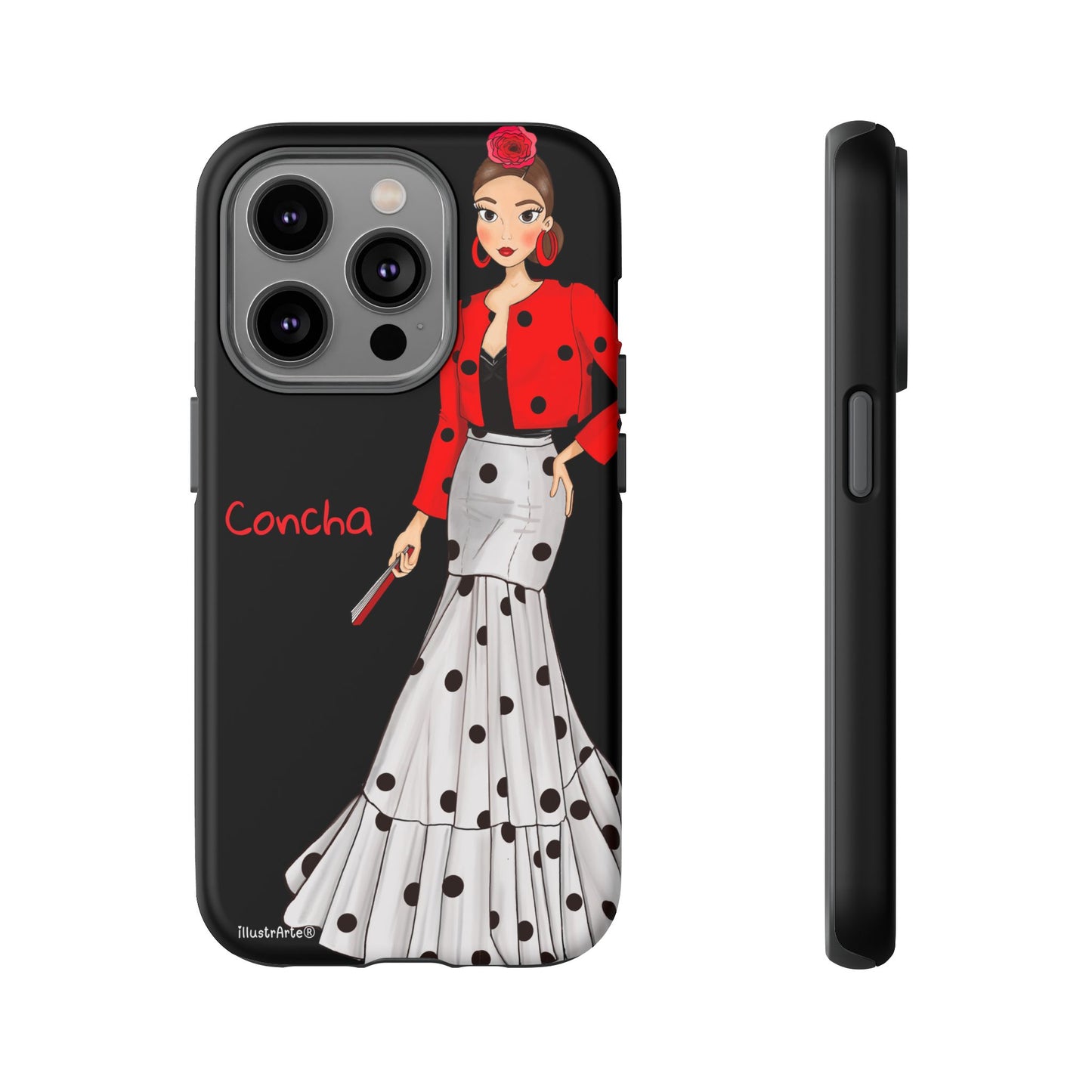 Funda de teléfono con diseño artístico - Modelo Conchita fondo negro.