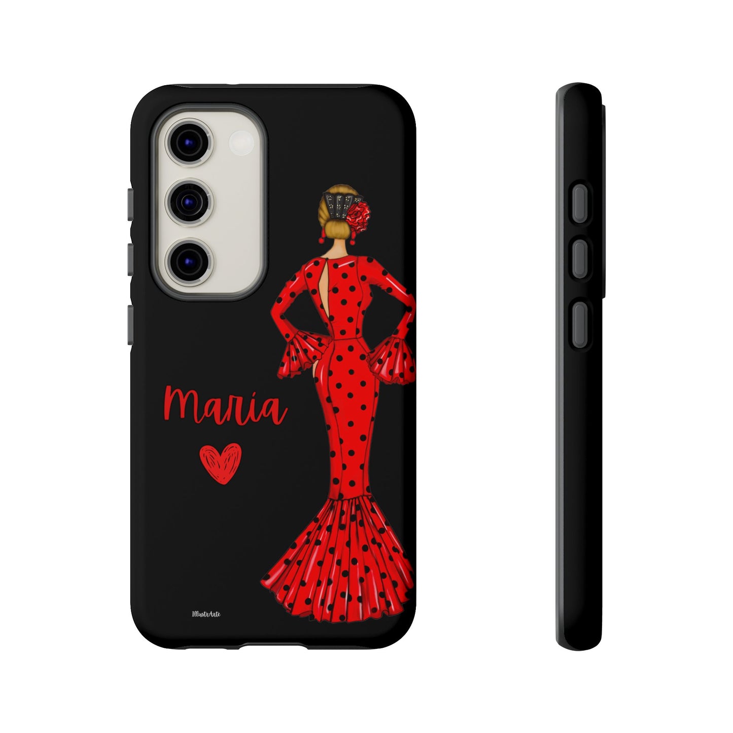 una funda de teléfono con una mujer en un vestido rojo