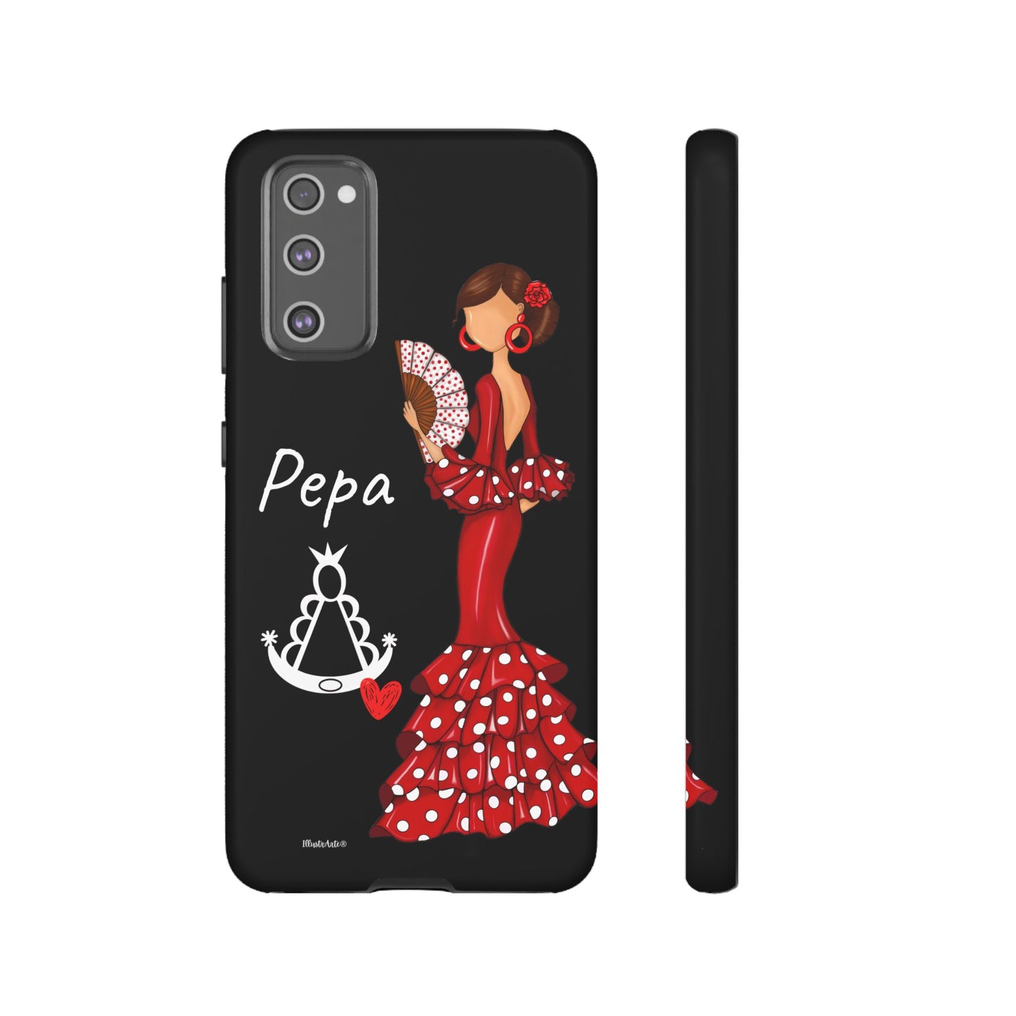 una funda de teléfono con una mujer en un vestido rojo