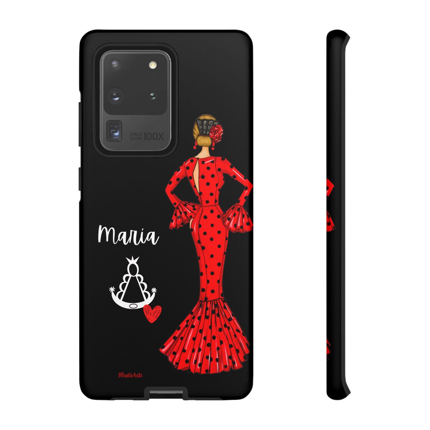 una funda de teléfono con una mujer en un vestido rojo