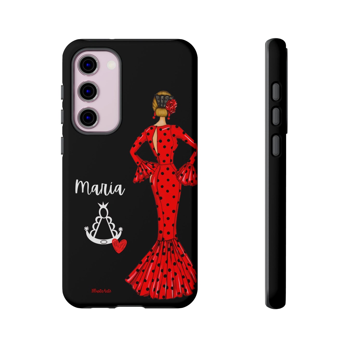 una funda de teléfono con una mujer en un vestido rojo