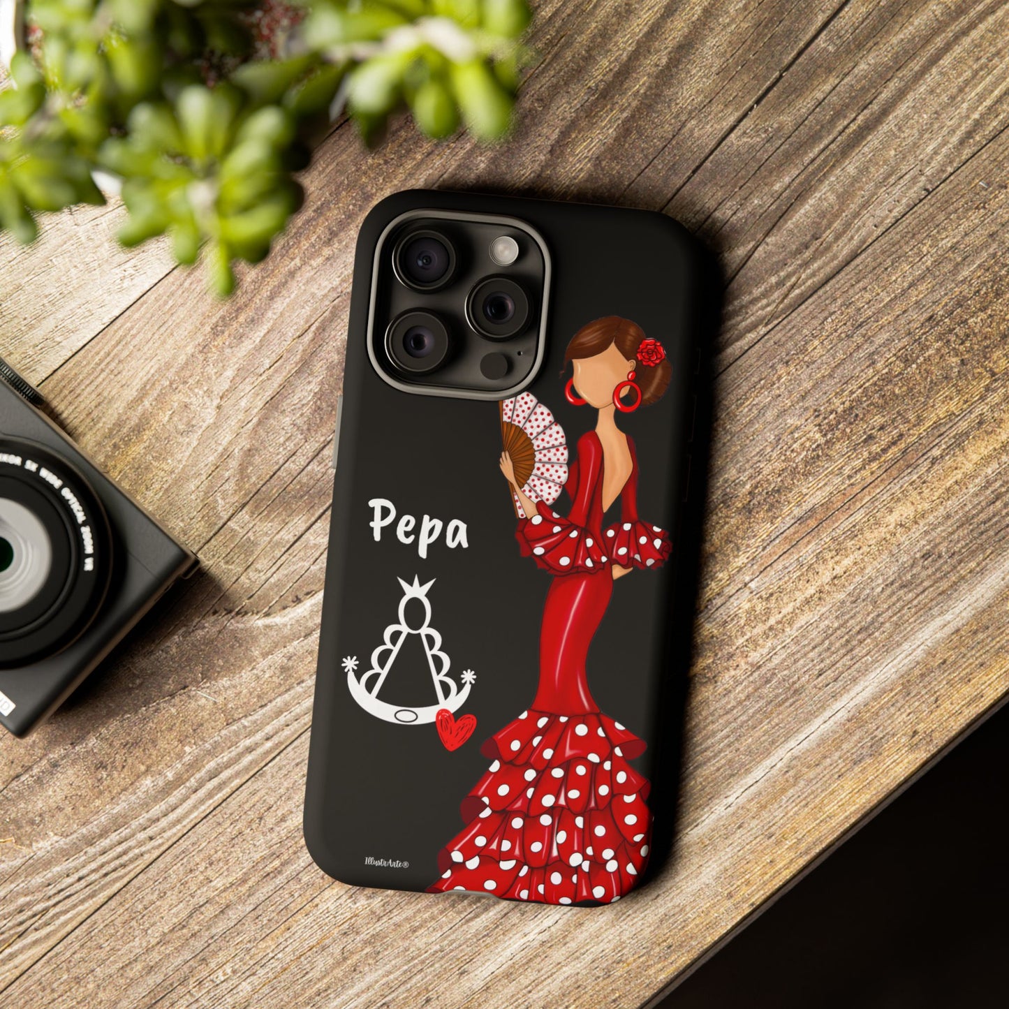 Personalized Pepa phone case on a black background with the Virgin Mary – for iPhone, Samsung, Pixel