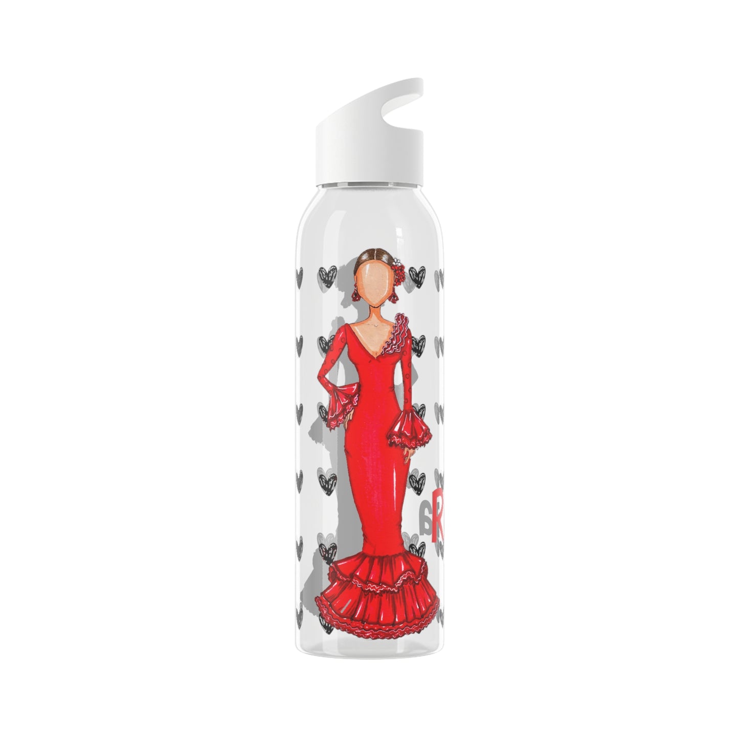 Flamenco Dancer 22 Oz/650ml Eastman Tritan™ Single wall bottle, red dress with black hearts design. - IllustrArte