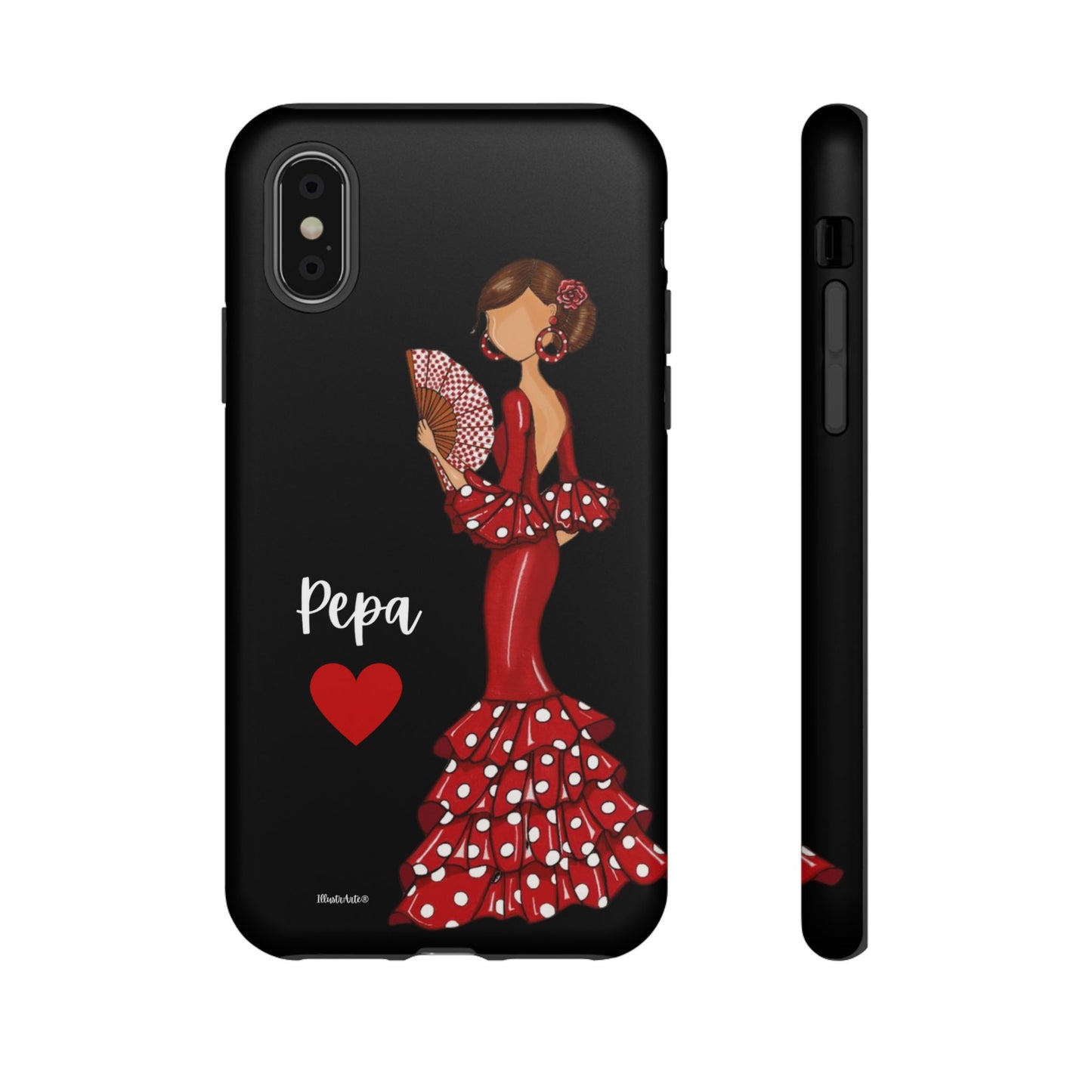 una funda de teléfono con una mujer en un vestido rojo