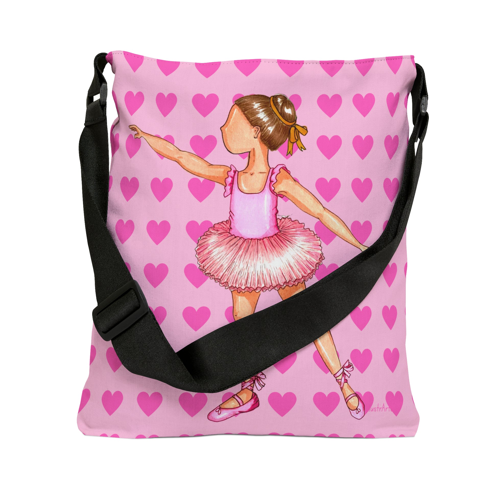 Ballerina Girl Tote Bag with zip, pink dress and pink hearts - IllustrArte