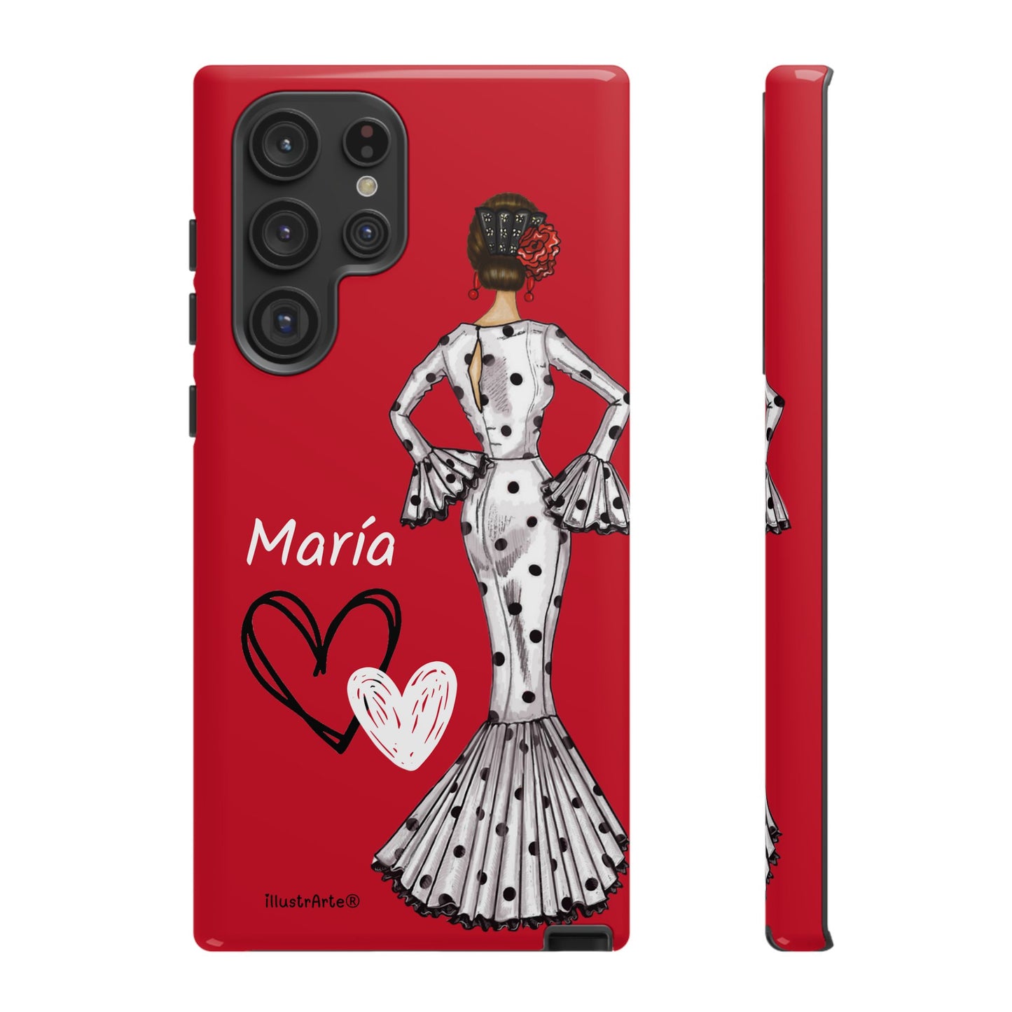 Personalized Maria phone case, white with red hearts background – for iPhone, Samsung, Pixel