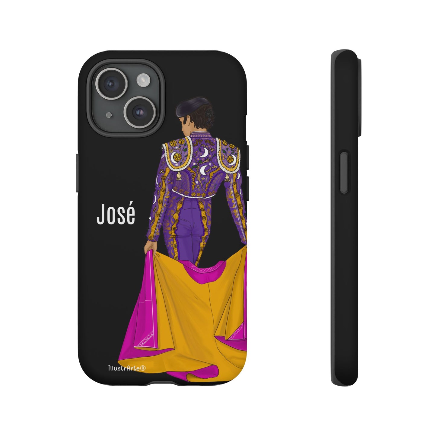 Personalized phone case featuring bullfighter José on a green background – for iPhone, Samsung, Pixel