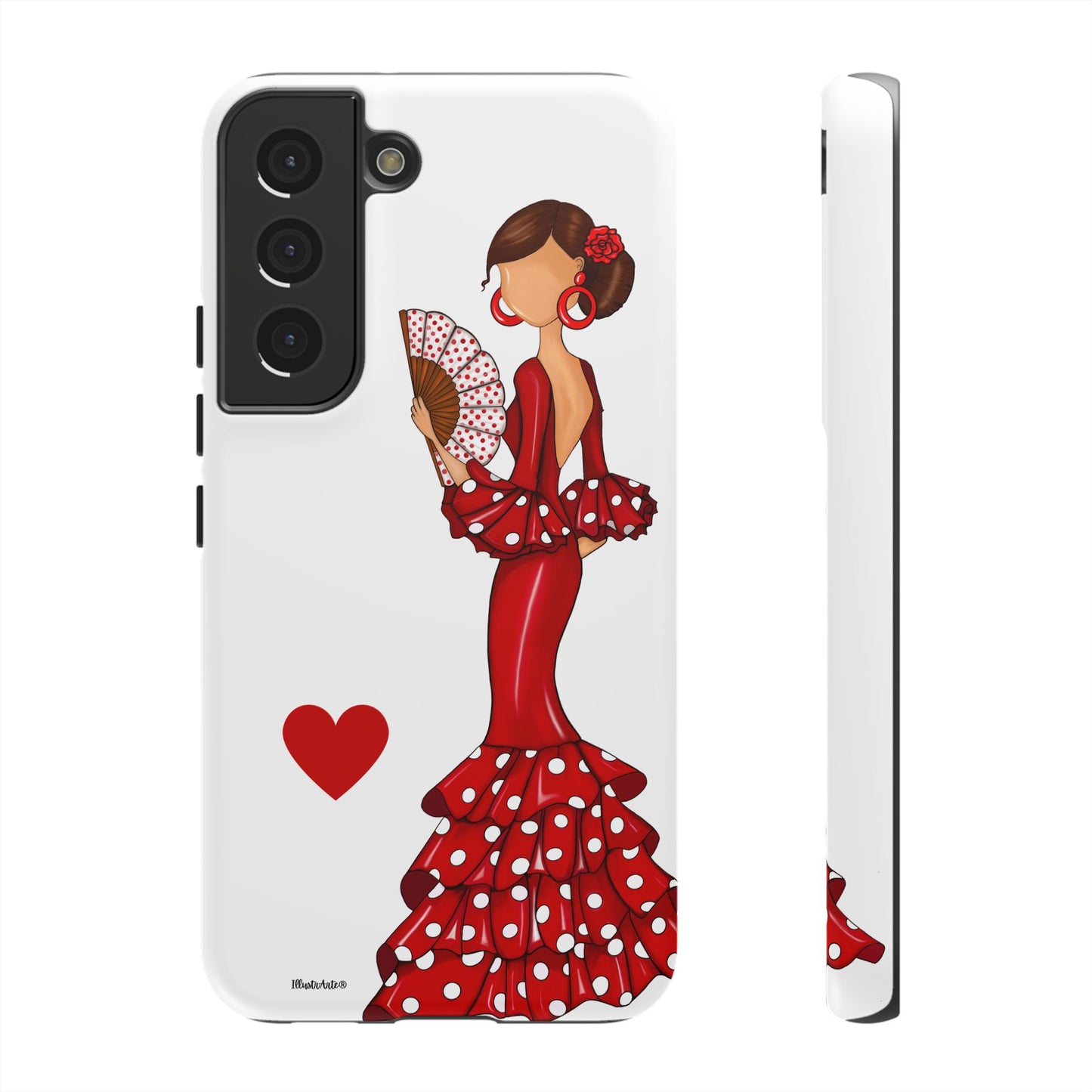 una funda de teléfono con una mujer en un vestido rojo