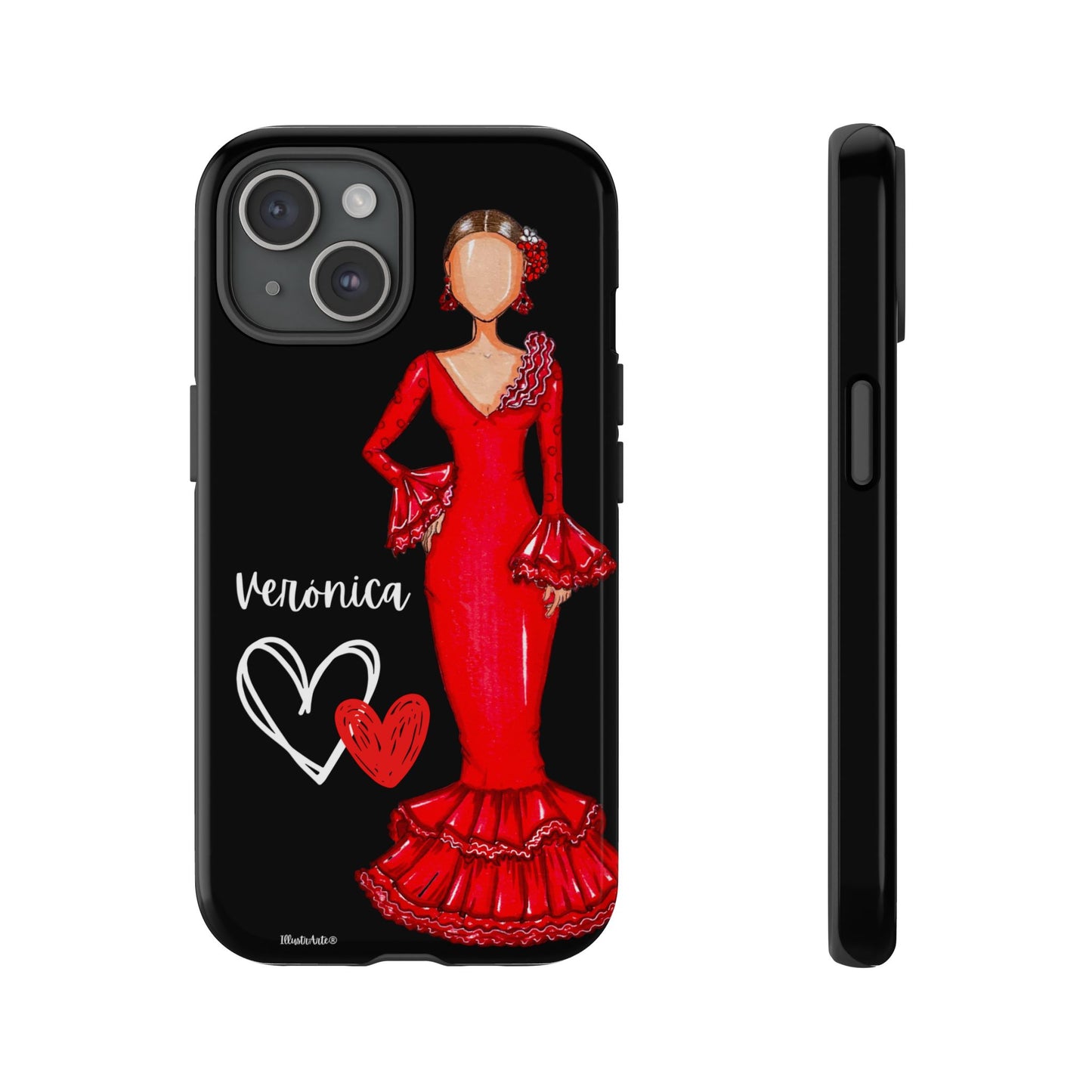 una funda de teléfono con una imagen de una mujer con un vestido rojo