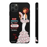 Personalised phone case flamenco dancer Pepa, white dress, with quote for iPhone 11 Pro Max, gloss finish – illustrArte