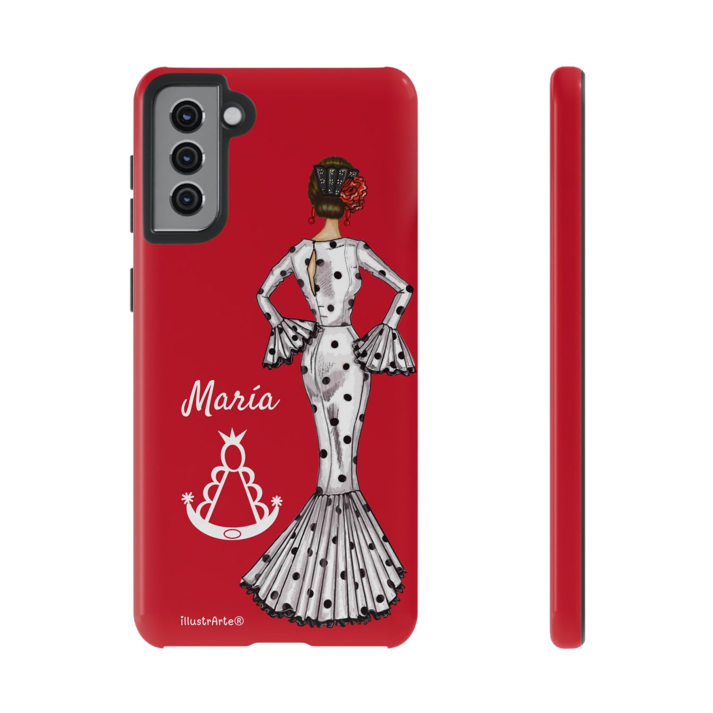 Capa de telefone personalizável com nome/bandeira/Virgem - modelo White Mary com Virgen del Rocío para iPhone, Samsung e Google Pixel