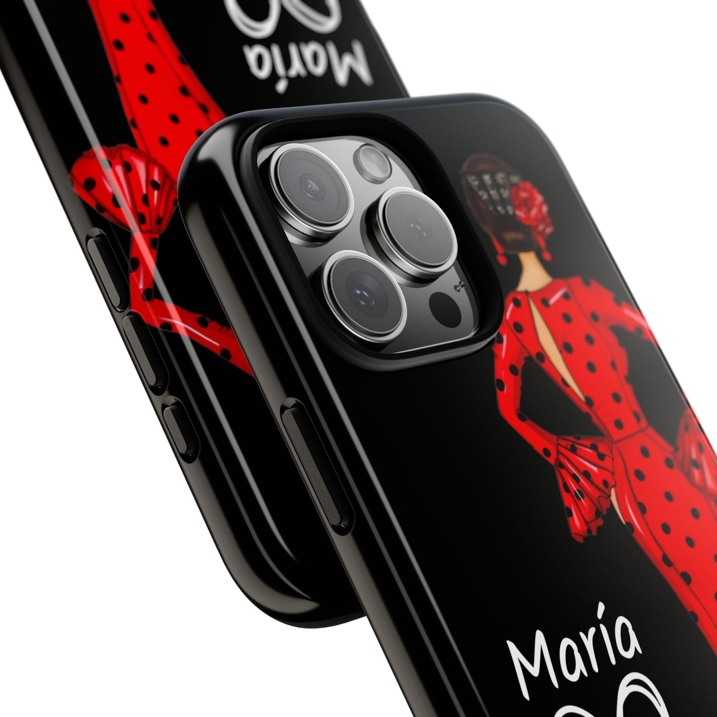 Capa de celular personalizável com nome/bandeira/Virgem - modelo Red Maria com cabelo escuro, fundo preto, para iPhone, Samsung e Google Pixel