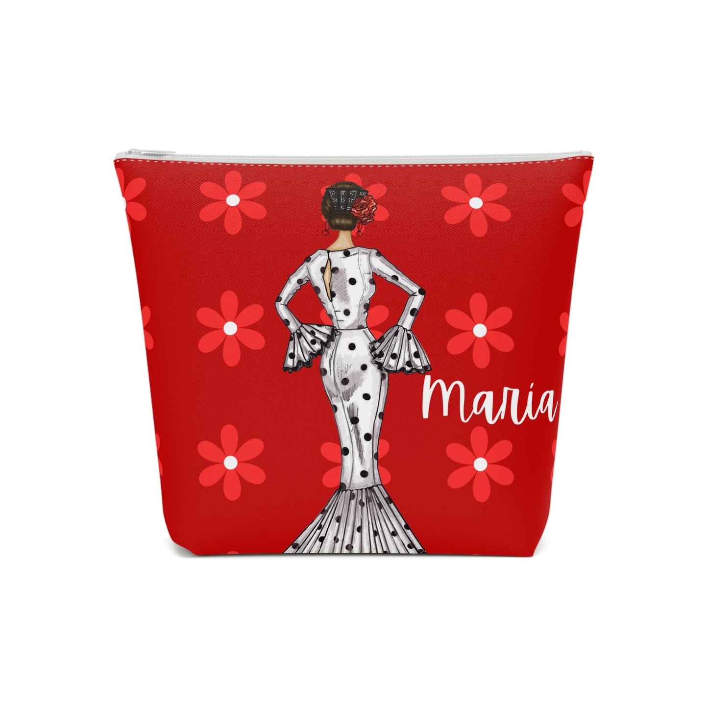 a red cosmetic bag with a picture of a woman on it