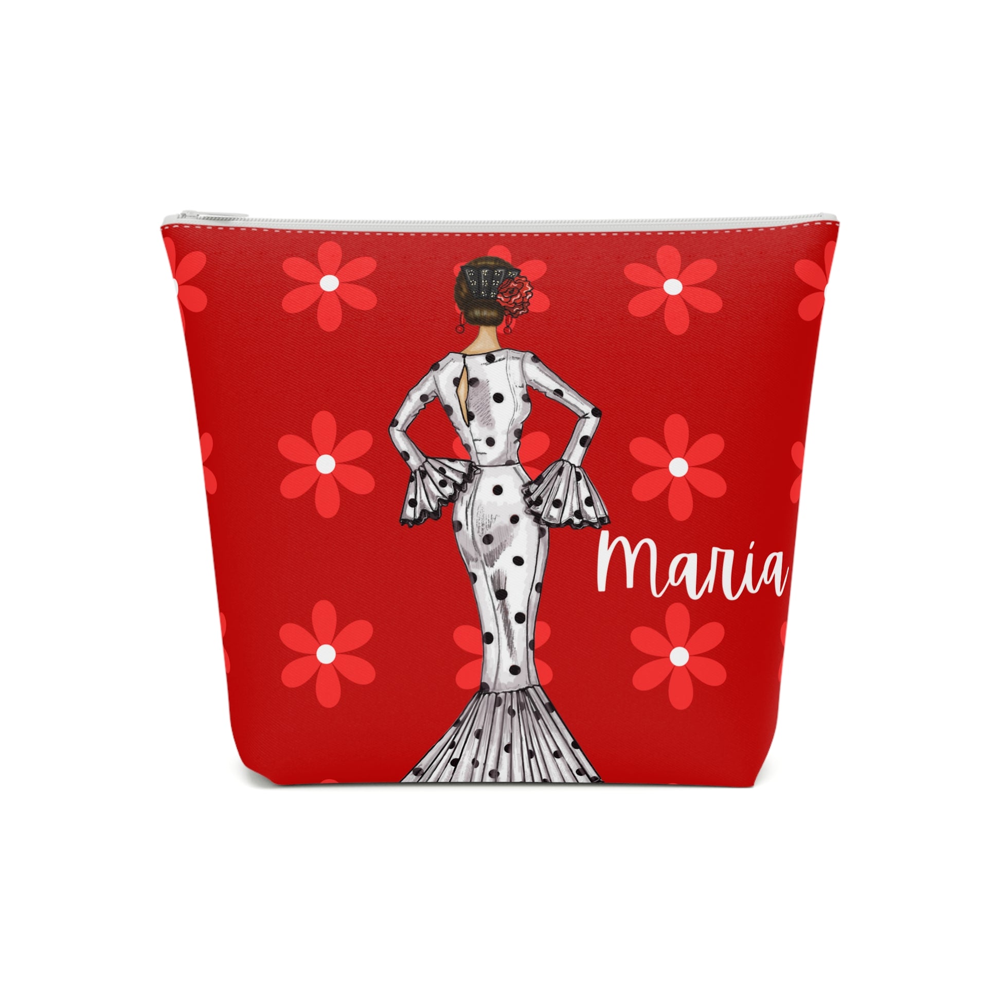 a red cosmetic bag with a picture of a woman on it