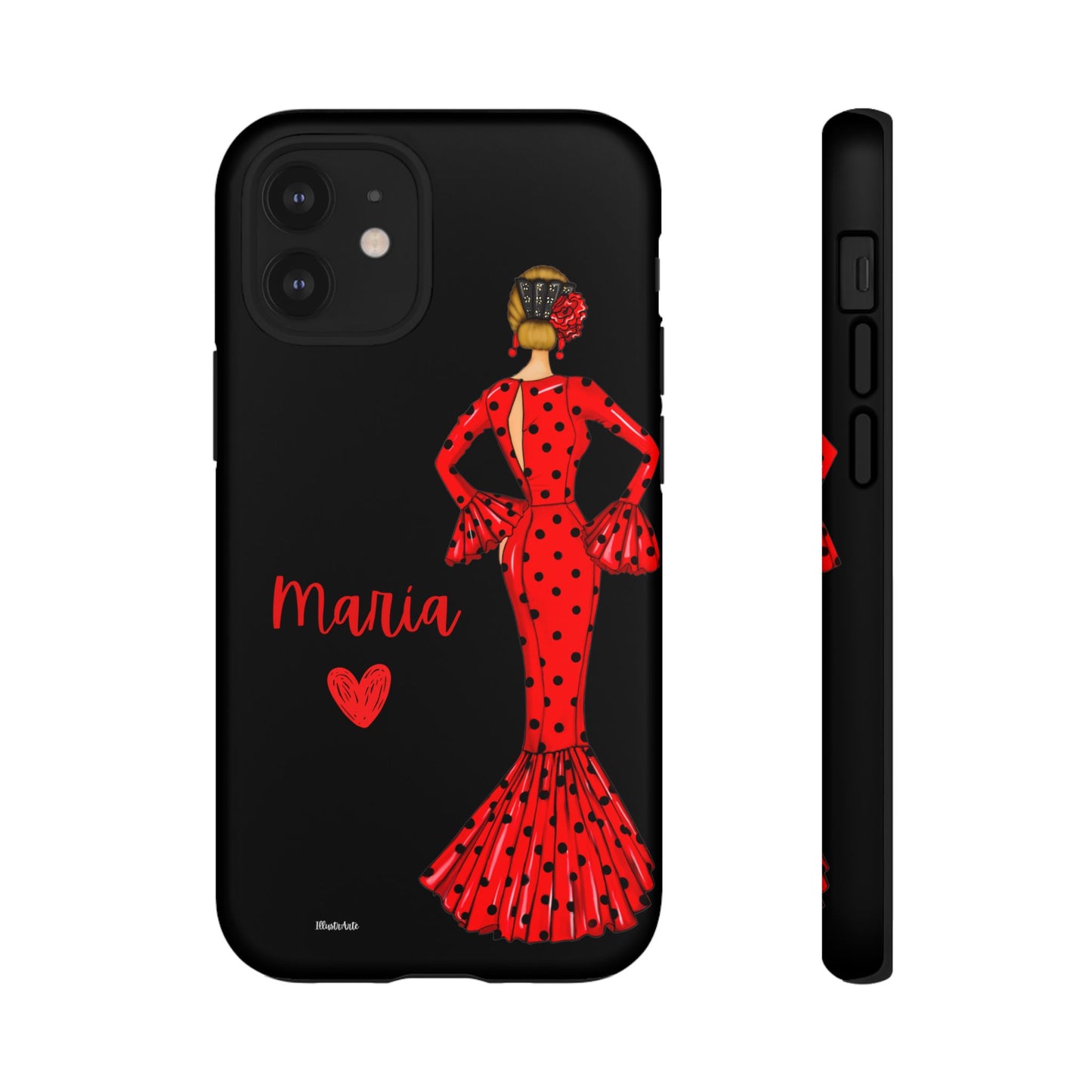 una funda de teléfono con una mujer en un vestido rojo