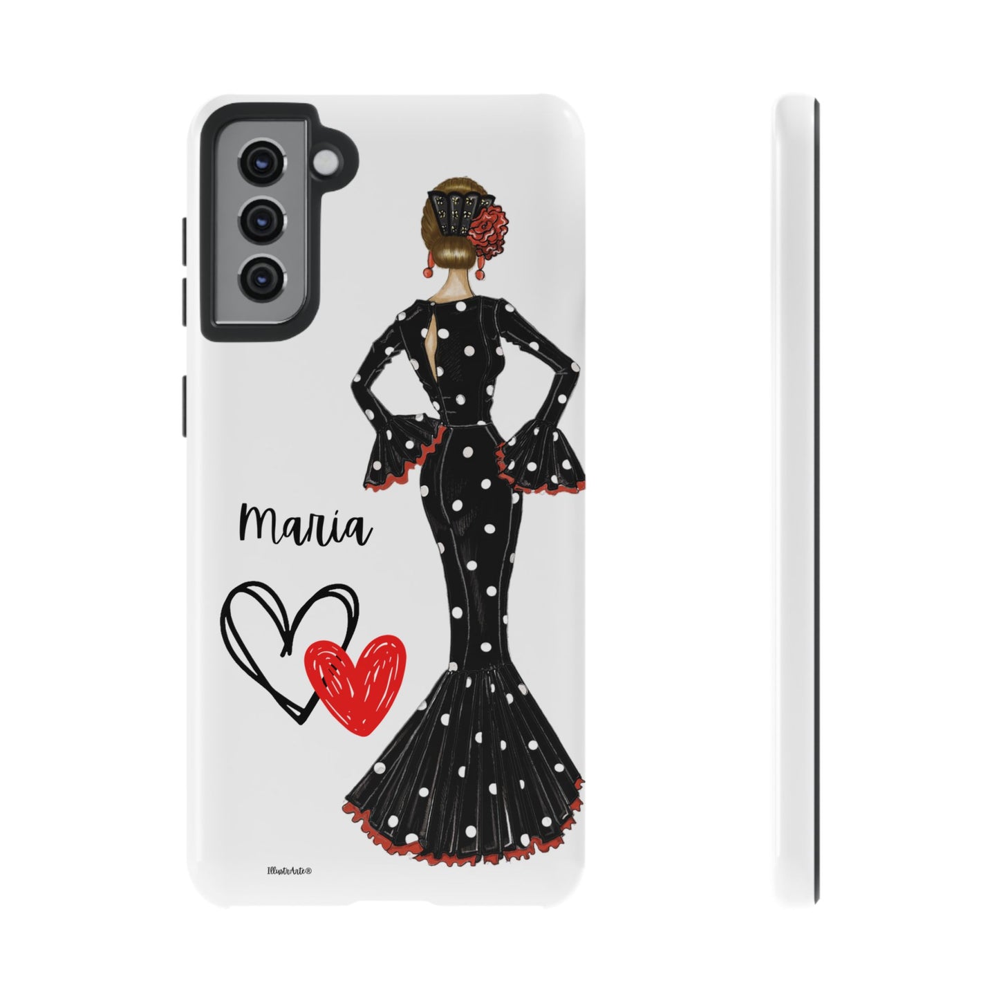 una funda para teléfono con una mujer en un vestido