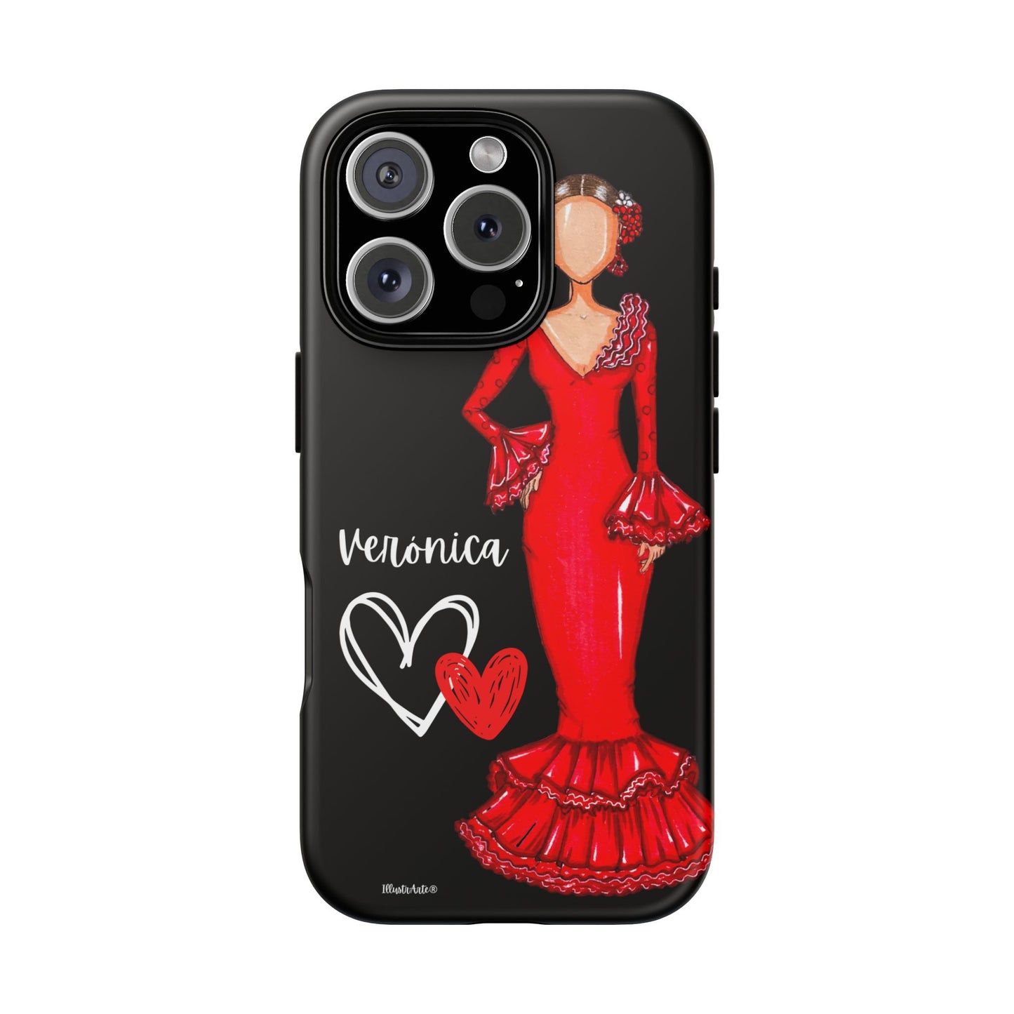 una funda de teléfono con una imagen de una mujer con un vestido rojo