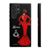 Funda de teléfono personalizable María rojo pelo oscuro fondo negro – para iPhone, Samsung, Pixel