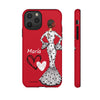 Funda de teléfono personalizable María blanco fondo rojo corazones – para iPhone, Samsung, Pixel